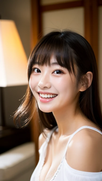 masterpiece,best quality,(Japanese ),((Beautiful girl)),cleavage,indoor,(perfect body beauty:1.2),(shy smile),beautiful teeth,