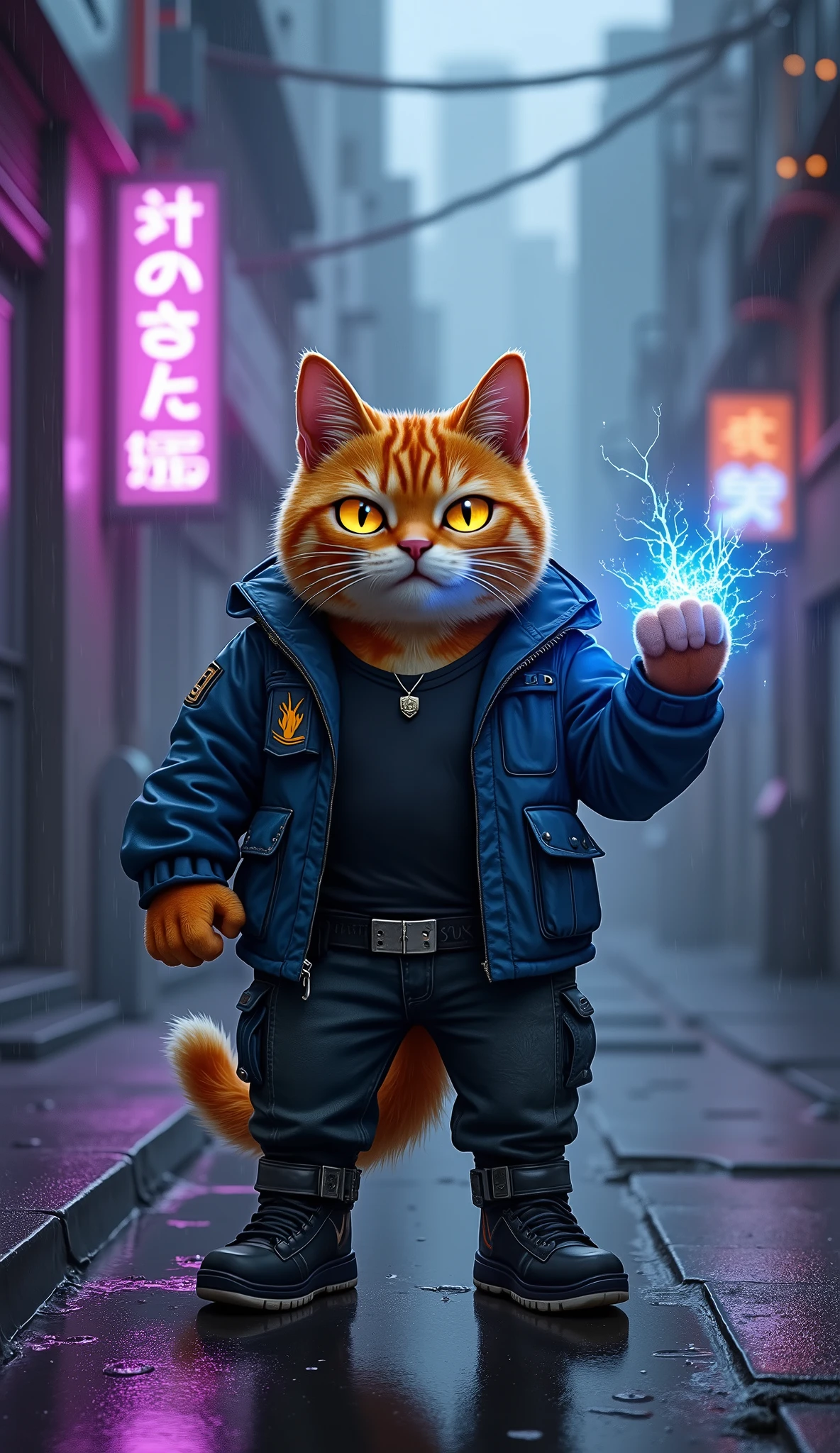 A powerful, anthropomorphic golden tabby cat stands at the entrance of a dark, rain-soaked alley in a cyberpunk Tokyo street. He is short and stocky, with a chubby but muscular build, glowing amber eyes, and visible whisker scars. Wearing a deep blue tactical jacket with a flaming cat emblem on the back, a tight black shirt, reinforced dark jeans with tactical pockets, and black urban sneakers with metal detailing, he exudes confidence and power. His paws are clenched, and his right fist glows with crackling blue spirit energy. Steam rises from the ground, and faint ghostly silhouettes loom in the background fog. The atmosphere is cinematic, mysterious, and dramatic. Neon signs flicker above, casting purple and blue reflections on the wet pavement. Stylized anime 3D, ultra-detailed, high resolution, dynamic shadows and lighting, dramatic angle from ground level, slightly tilted.