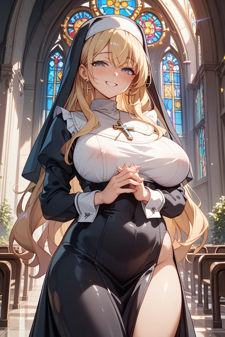 masterpiece, Highest quality, Official Art, Highly detailed CG Unity 8k wallpaper, Detailed Background, (Handcrafted by Guido Daniele), (Finger details), Mature Woman1, (Curvy), (Nuns), (Bible in hand, A book with a cross on the cover:1.12), (standing in church), (Nuns gown:1.12), (Chest curtain:1.4), (Nuns skirt:1.11), (White Garter Straps Garter Belt:1.12), (Blonde long hair:1.12), (Hair intake:1.12), (Green Eyes:1.2), blush, (Loving smile, holy smile), (Huge breasts:1.5), (Long chest, Saggy breasts:1.3), (Take my breast off), Tight waist, Shiny skin, (Cross Necklace), indoor, (Sacred Scene), (church:1.11), (Sunlight streaming through stained glass),(((Saggy breasts))),Mature Woman,Nuns,Side bust,Underbust,breast focus、((sit、足を広げてsit))、((Bow legs))、((Thigh focus:1.5))、Monastic Clothes、White panties、Spread your legs、Photographed from diagonally in front