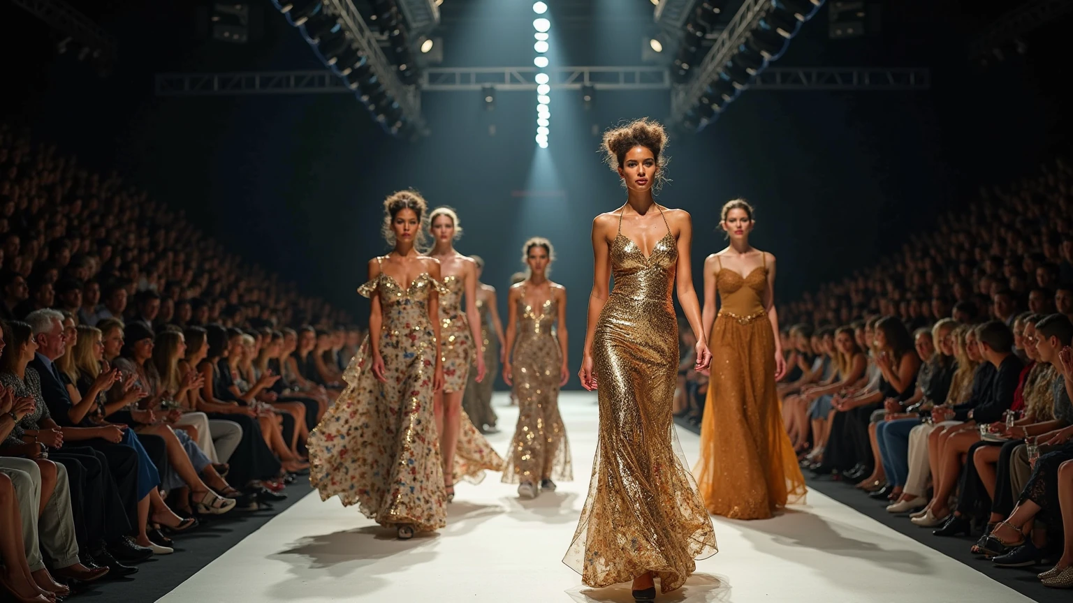 A glamorous fashion show, with a runway stretching as far as the eye can see, (best quality, 4k, highres, masterpiece:1.2) showcasing an array of stunning outfits. The models are walking confidently, flaunting their meticulously designed clothing, each with unique embellishments and intricate details. The clothes shine brilliantly under the (studio lighting:1.1), highlighting every contour and texture. The atmosphere is vibrant, with a (colorful, vivid, lively) color palette accentuating the garments. The stage is adorned with elegant decorations, adding a touch of sophistication to the event. (HDR:1.1) technology is used to enhance the image quality, bringing out the true beauty of the scene. The models have exquisitely styled hair and wear fashionable makeup that accentuates their features, adding to their overall allure. They have (poise and grace:1.1) as they glide down the runway, showcasing their (beautiful detailed eyes:1.1) and (beautiful detailed lips:1.1), perfectly capturing the attention of the audience. The theme of the fashion show reflects the latest trends, blending contemporary and classic elements seamlessly. The audience is captivated by the stunning designs, their eyes fixed on the models as they strut confidently. The energy in the room is palpable, a sense of anticipation filling the air. People are applauding and gasping in awe at the extraordinary garments on display. The lighting is carefully crafted, casting a (soft, glamorous) glow on the runway, accentuating the models' movements. The (bokeh:1.1) effect adds a dreamlike quality, creating a magical atmosphere. The whole scene is (ultra-detailed) with sharp focus on every garment, capturing every intricate design element. The result is a (realistic, photorealistic:1.37) representation of an awe-inspiring fashion show. Overall, this prompt captures the essence of a high-end fashion show, with its attention to detail, vibrant colors, and impeccable style. With this prompt, Stable Diffus