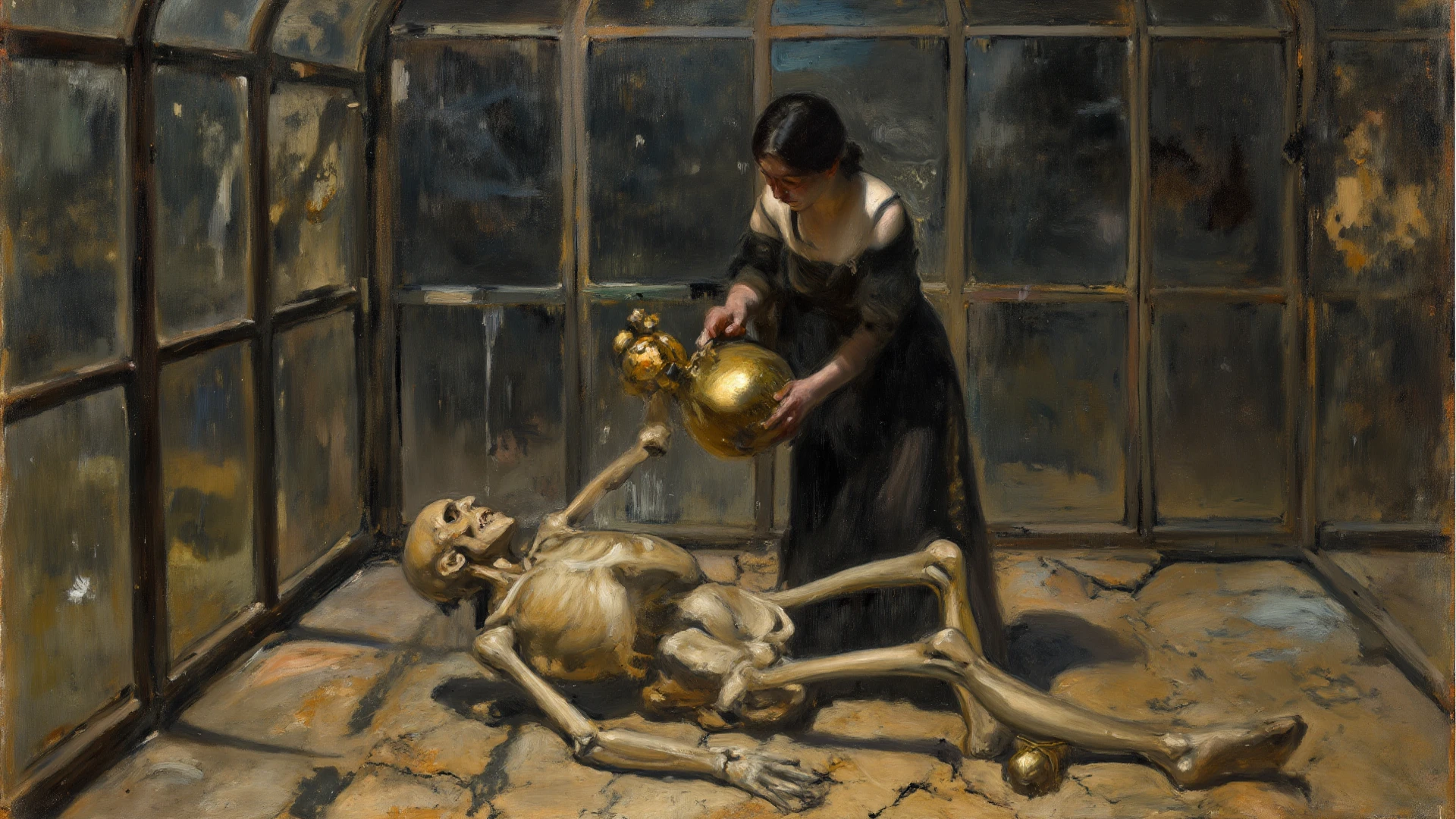 "(The best lighting, alto contraste, oscuro, dramatic),(Chica rubia junto a una cabra negra gigante, Open the rib cage, feto, autopsia, huesos humanos, sangre por las paredes). Luz Caravaggio"