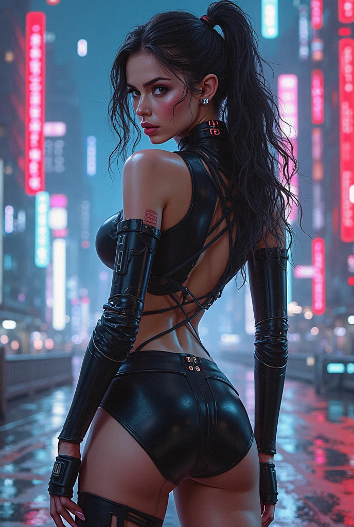 (masterpiece:1.3), (best quality:1.3), ultra realistic, close up,
(cyberpunk, science fiction, future city, at night),
(gorgeous skinny) Wild-Cats-Island_Brooke (cyber punk:1.2), Gunmetal gray long wavy hair, skimpy latex clothes,
(walking, hands behind back),
<lora:detail_slider_v4:0.8> <lora:weight_slider_v2:-1.5> <lora:CyberpunkStyleV1:0.6> <lora:cybergoth-fC_v1.0:0.7>