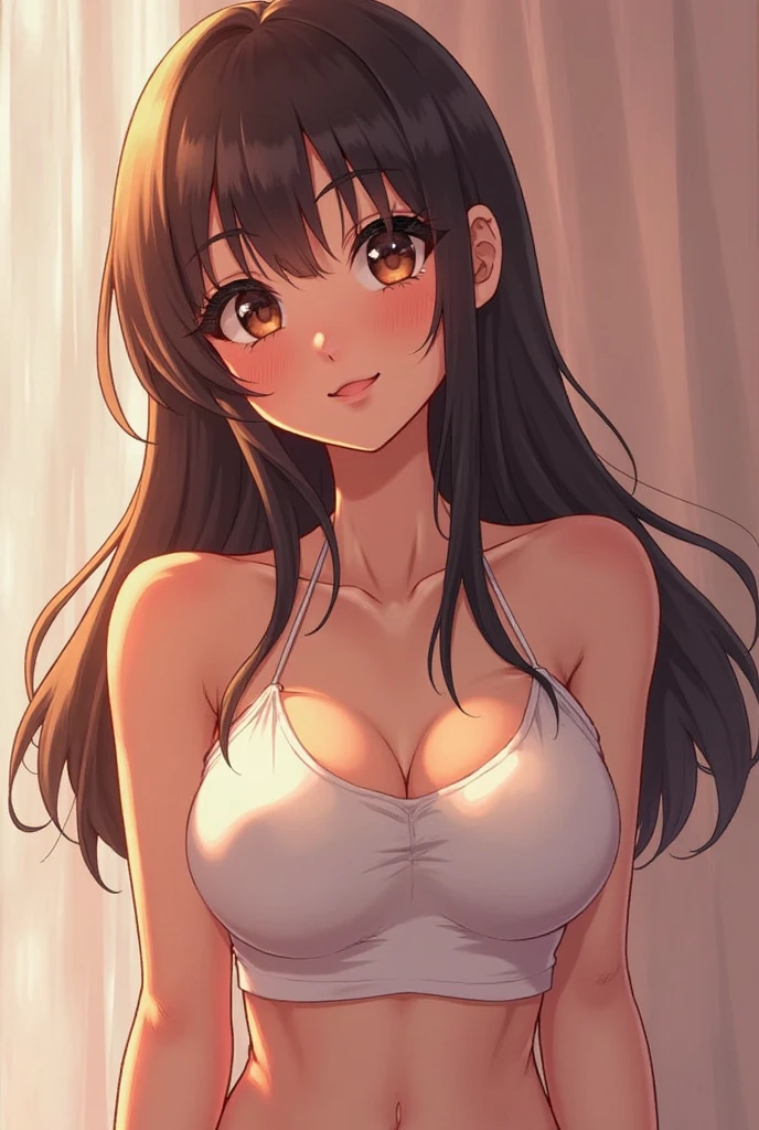 Sexy long brown haired anime girl with large breasts and sexually aroused face