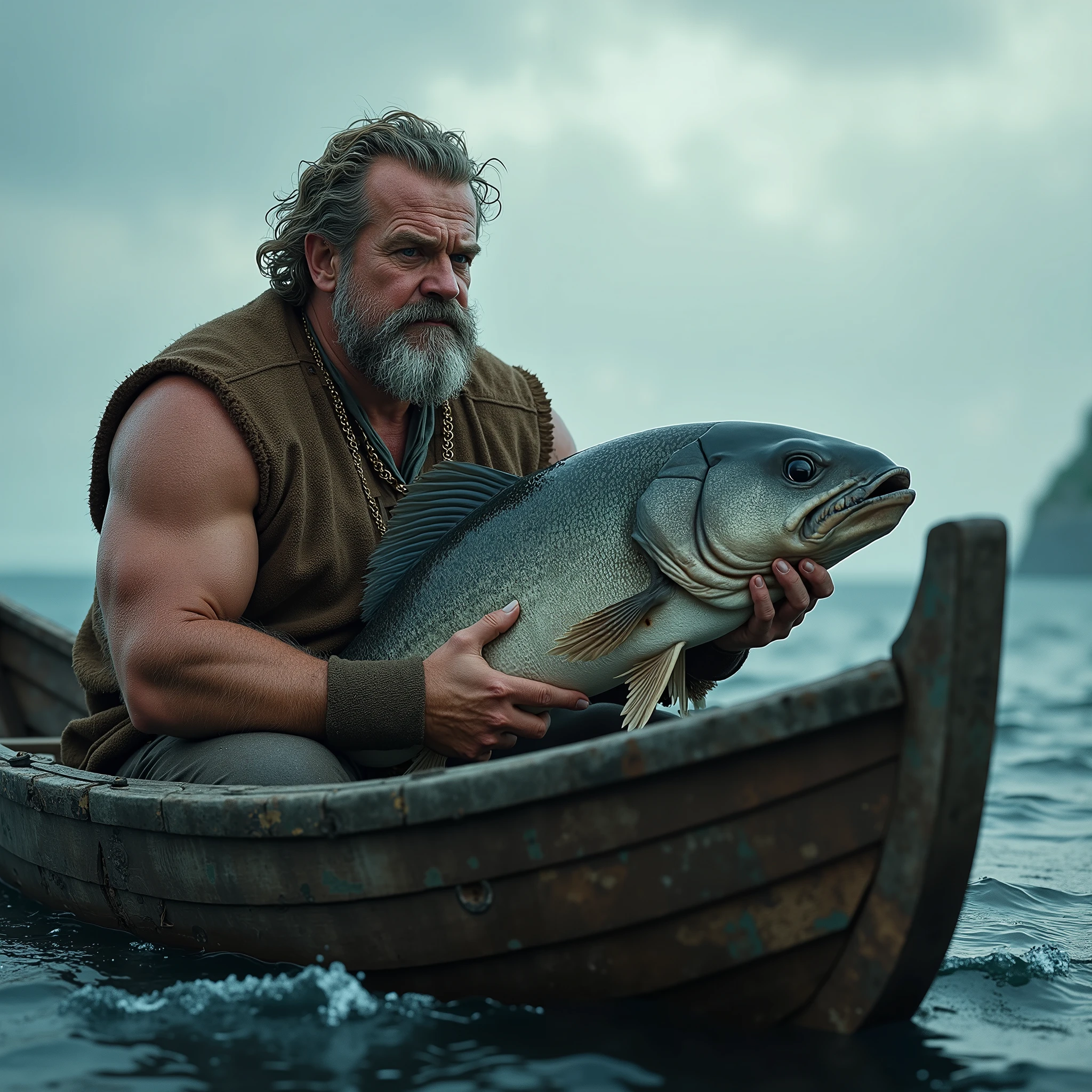 nordic medieval simple man, 45 years old, muscular body, curly blondie grey hair, sitting on a wooden boat holding a big ugly fish, detailed figure portrait, realistic, photorealistic, high quality, 8K, HDR, ultra-detailed, physically-based rendering,dramatic lighting,dramatic ocean scenery,realistic wooden boat,realistic water waves,realistic fish,moody atmosphere,muted color palette,brooding skies,dramatic lighting