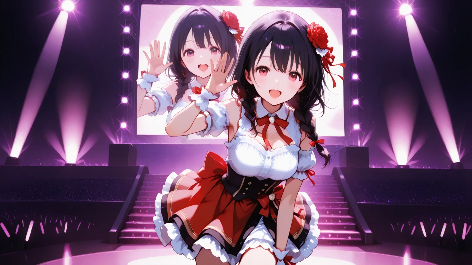 (masterpiece、highest quality、Ultra-detailed、High resolution illustrations、Ultra-high-definition CG、8k size wallpaper、Official Art、Production Art)、Improve skin quality,((Face close-up:1.3)),(Only the face:1.5)、((Face Focus:1.5))、((Close to the audience:1.5))、(Ruffled Dress)、(Gradient Eye)、A woman with short brown hair.Slightly chubby,The breasts are small,The butt is small,Brown eyes,(Excited eyes).(Smile),