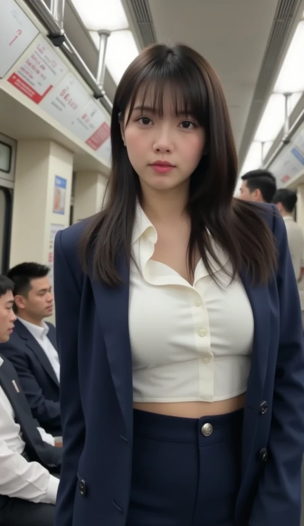On a commuter train,Hot and sweaty,(looking at the camera),Cleavage,(Wearing a shirt),smile,Skirt Lift、Lift your skirt with your hands,woman, 20-year-old, Short Hair、bangs、(Plain suit skirt),(White lace panties)、Cute earrings