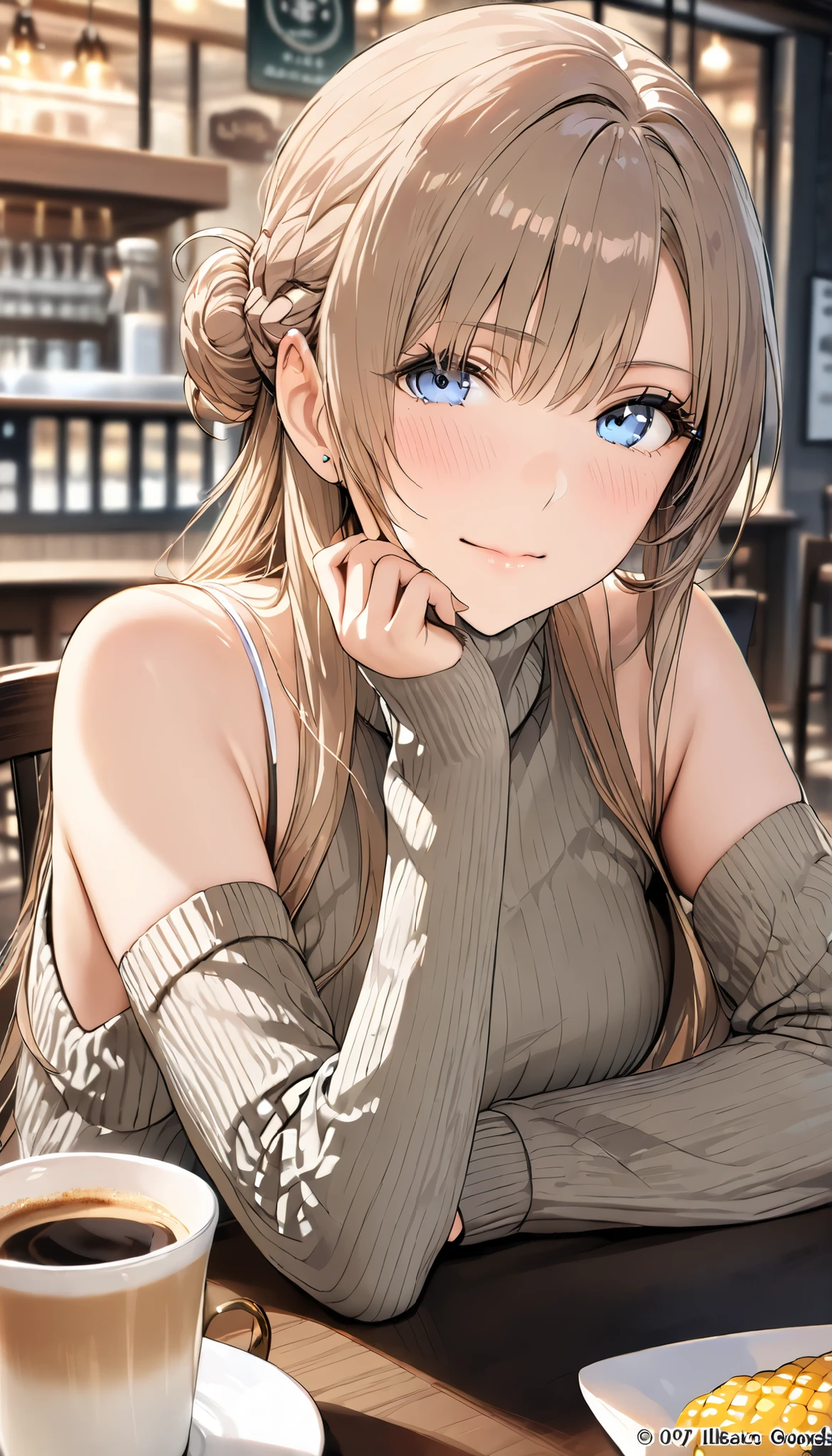 (((masterpiece))),hi-res,very high resolution,(((best quality))),official art,<Lola:addition_detail>,perfect lighting,watching viewers,View across the table,cafe,
1girl,Hamjarvis,Hair on one eye,corn hair bun,sweater,(turtleneck sweater:1.2),Sleeveless Turtlenecks,blush,faint smile,<Lola:JervisAzurLane-09:0.7>,