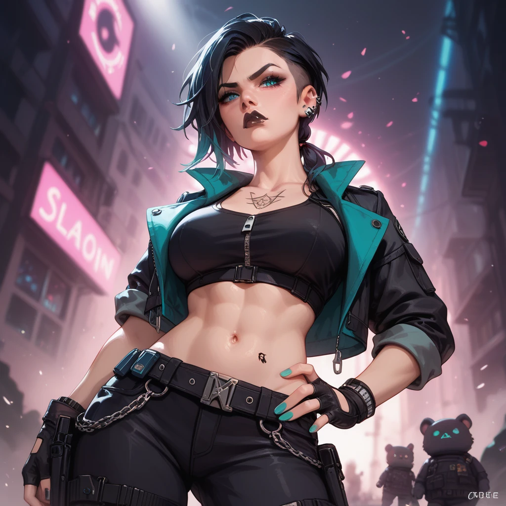 score_9, score_8_up, woman, athletic body, hourglass body, Ela Bosak from Rainbow Six Siege, seductive pose, Standing, tactical gear, green hair, thigh straps, clothed, revealing clothes, seductive face, beautiful eyes, detailed eyes, city scape background, black cap, pink goggles on cap, green yoga pants, black nails, choker,