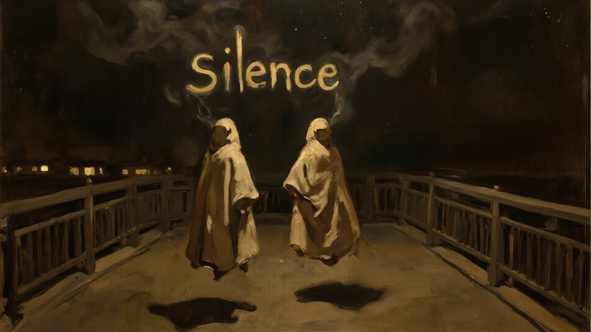 Create an album cover, I wish there was a sign on top with a font that refers to "terror", and the word that would be there would be "Silence!”. on the rest of the album, quero um garoto jovem representado sem o olho esquerdo, com uma enorme cicatriz vermelha e pulsante no mesmo local. O olho deve ser todo preto, com a cicatriz em volta. The key point is that the man will have his index finger over his mouth, indicating the famous symbol of silence. E no fundo de tudo isso, I would like a melancholy scenario