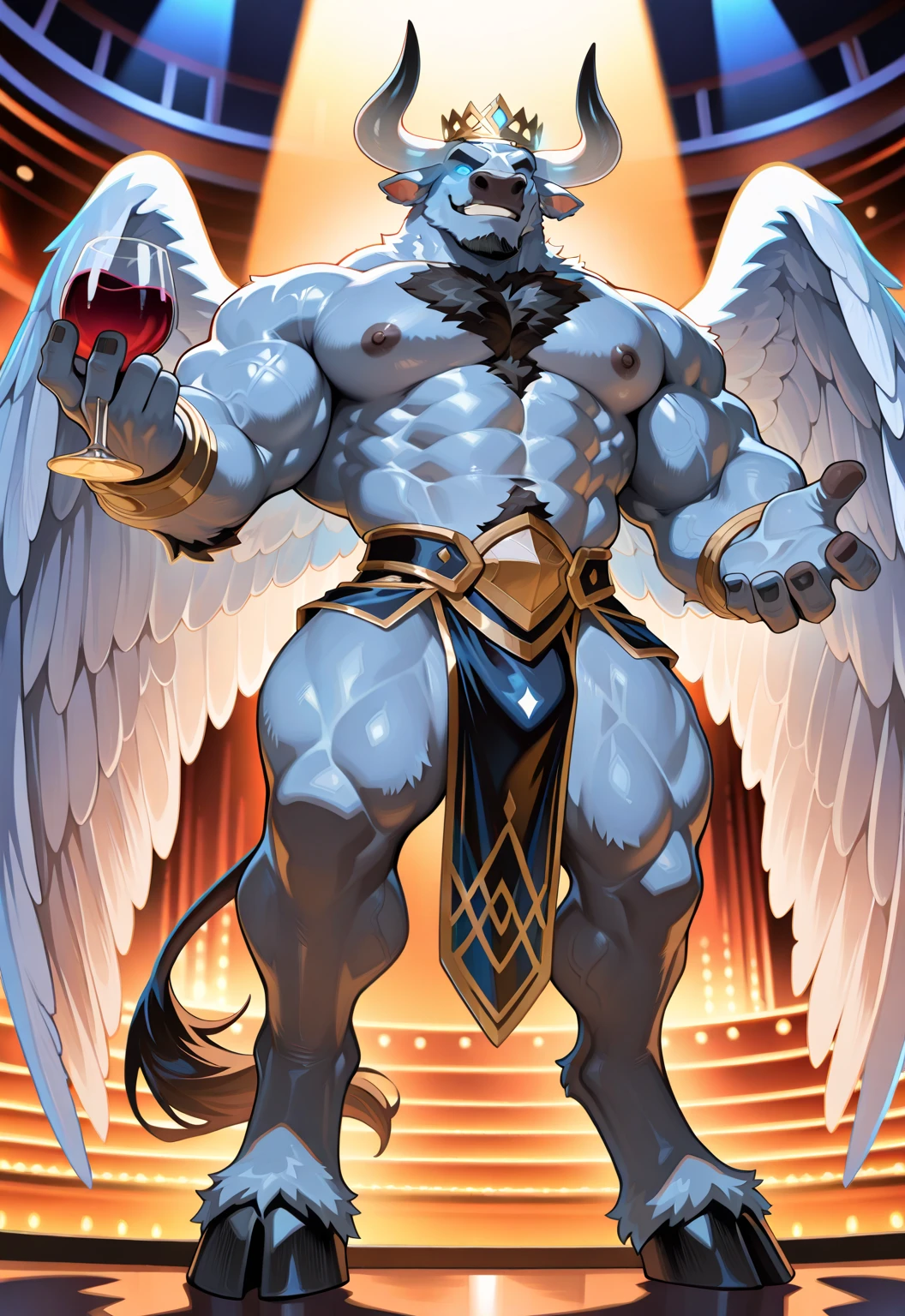Hyper is a hypnotized stripper minotaur at ancient greek ! Solo, Alone, A big dumb hunky jock minotaur who wears a gold wreath crown, has glowing eyes and looks tough! Muscular, black toga with the word, tough and stupid drunk holding wine as he tears his for the show, night time, pantheon bar, mount olympus, tall pillars, pyres, front view , low angled view, best Quality, high quality, ultra high resolution, Fine Eyes, Exquisite Face , solo stage performer, handsome, Chest muscles, hair, Abdominal muscles, pantheon bar, null-ghost,Takemoto Arashi, Sexy, Muscle Development, hair, Abdominal muscles, bull tail , bull hooves, Hyper from visual novel "Wolfstar: Sins and Paradise". Hyper from Wolfstar: Sins and Paradise the visual novel score_9, score_8_up, score_7_up, Best Quality, high quality, Ultra High Resolution, fine eyes, exquisite face, bull horns, , muscles , Muscular development , muscle line, Thick Muscle , minotaur, short spiky black hair, hair , minotaur head, ultimate warrior pattern facial fur, intense glowing Blue Eyes ,handsome, Spectacular, fine eyes, strong jawline, short black goatee, bull, Five-Toe , Fluffy fur ,null-ghost,Takemoto Arashi, bara pecs, focus on pecs, muscles, muscular male), set of giant light blue angel wings, Highest Quality, 4k, masterpiece, solo, Amazing Details, highly detailed face, no defects, solo, alone, no watermark, no defects, no watermarks, perfect hands. Dazzling lights, special effects, stage show, Amazing Details, highly detailed face, no defects, no watermarks, perfect eyes.