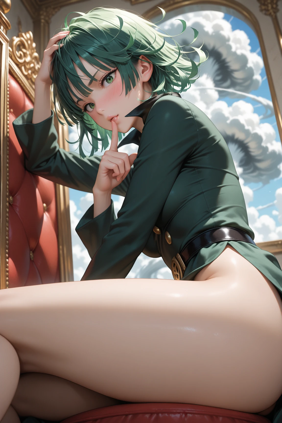 flat chest、highleg、The whole body can be seen from directly below、Delicate body、Green Short Bob、Beautiful open legs、Open your legs to show your crotch、transparent coat