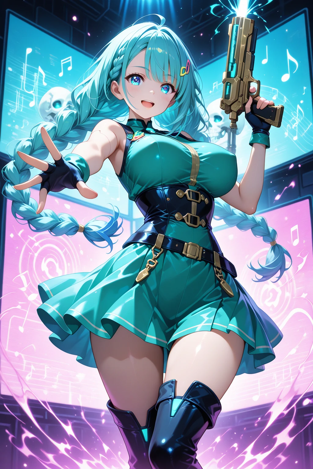 (Seios grandes Hatsune Miku,electronic singer,cabelo verde,Ombros nus,uma saia preta,mangas pretas,(Blusa de cor branca),Roupas brancas,8k,A high resolution,olhos verdes,fundo do concerto,No local do concerto,em concerto,Only beautiful thighs are exposed,the clothes are white,appear on the arm appear un 01,The number is 01,fundo brilhantes ,Leaves', cabelo de alta qualidade 8k ,The eyes of the anime heroine,Olhos de detalhes ultraelevados,olhos de alta qualidade , Olhos de alto detalhe , in bra full body standing looking at public spectator.