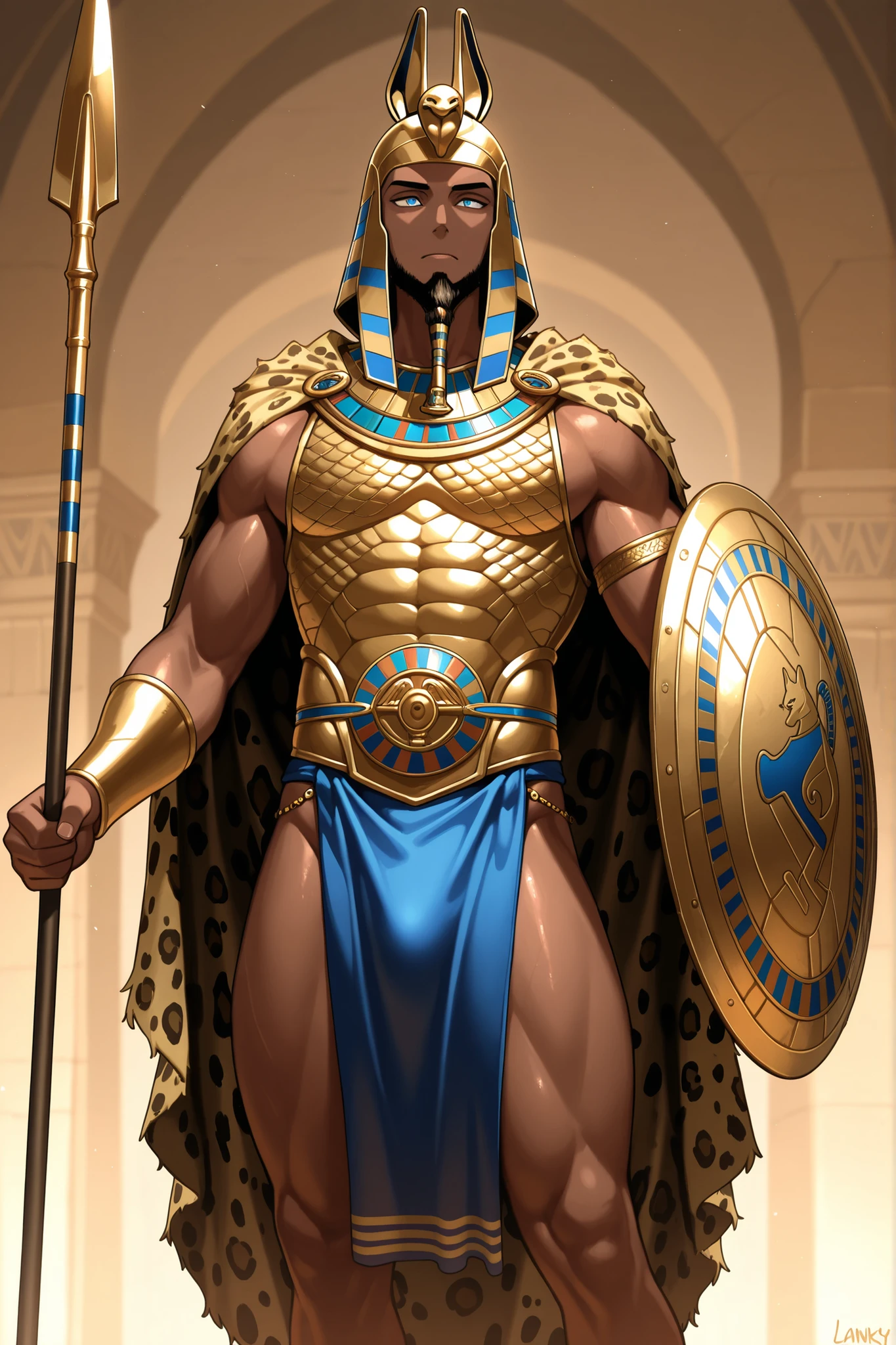 Powerful warrior, chest bared, lower body uncovered from thighs to feet, luxuriant long curls, meticulous muscle definition, photorealistic rendering, 4K resolution. Background: Ancient Egyptian temple complex,32k uhd, best quality, masterpiece, super detail, high details