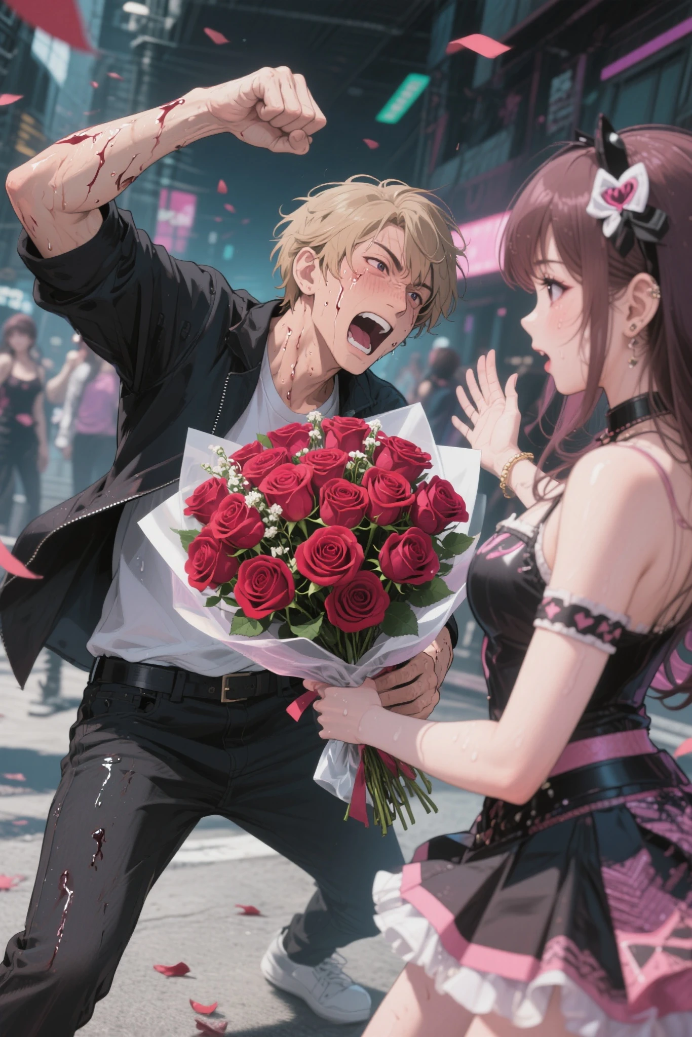 Idol Killer. Photorealistic, 8K quality. Hyper-realistic. An otaku who chases after underground idols. Holding a big bouquet of roses, he ferociously attacks a cute idol he likes. The otaku is drawn in a comedic style, drenched in sweat as he appeals to her.