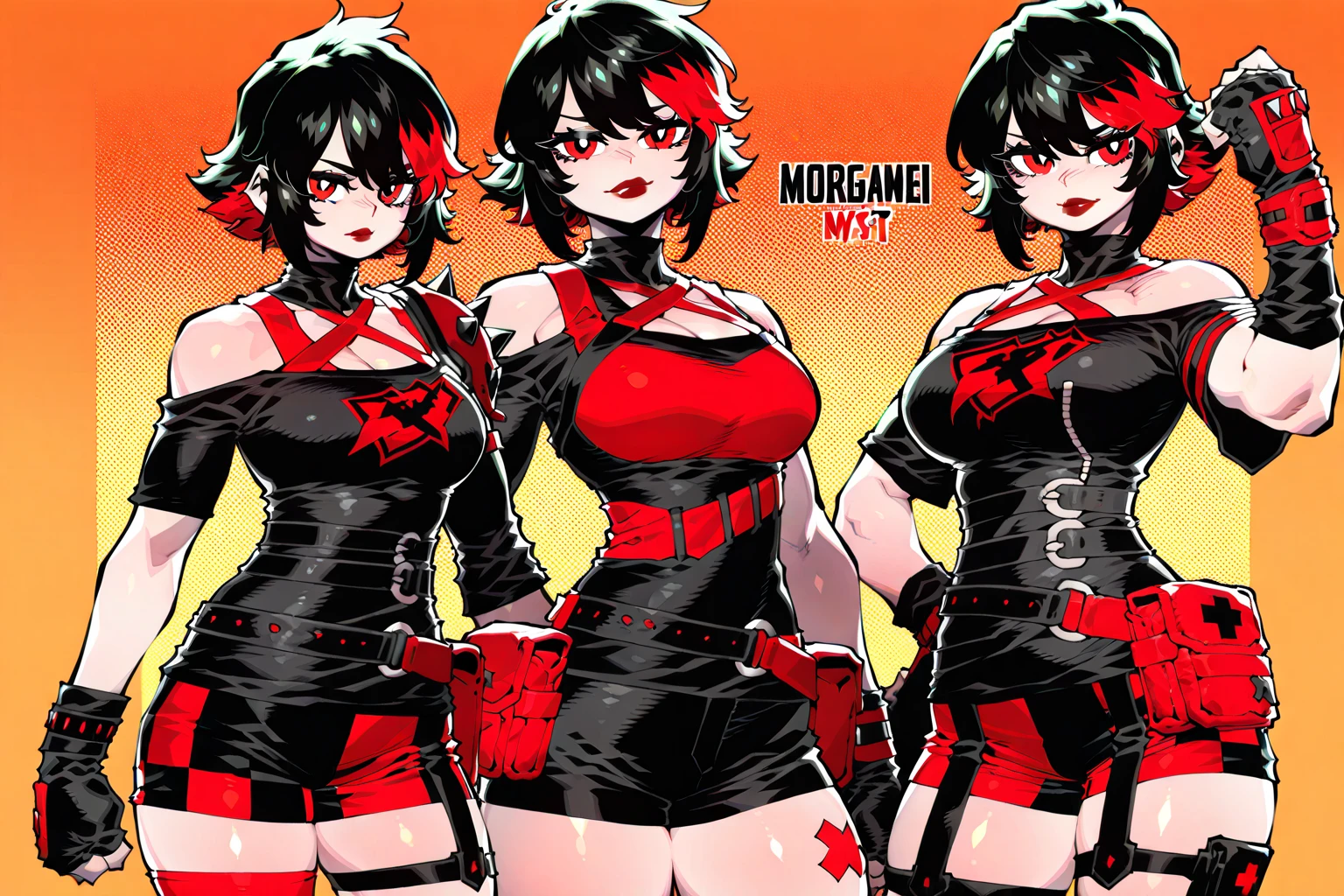woman, curly red pixie cut hair, green eyes, wearing crop top black shirt, long black jacket, red plaid skirt, (black knee high boots), black fingerless gloves, exposed shoulders, (full body), large breasts, thick thighs, freckles, cleavage, abs, looking at viewer, masterpiece, best quality