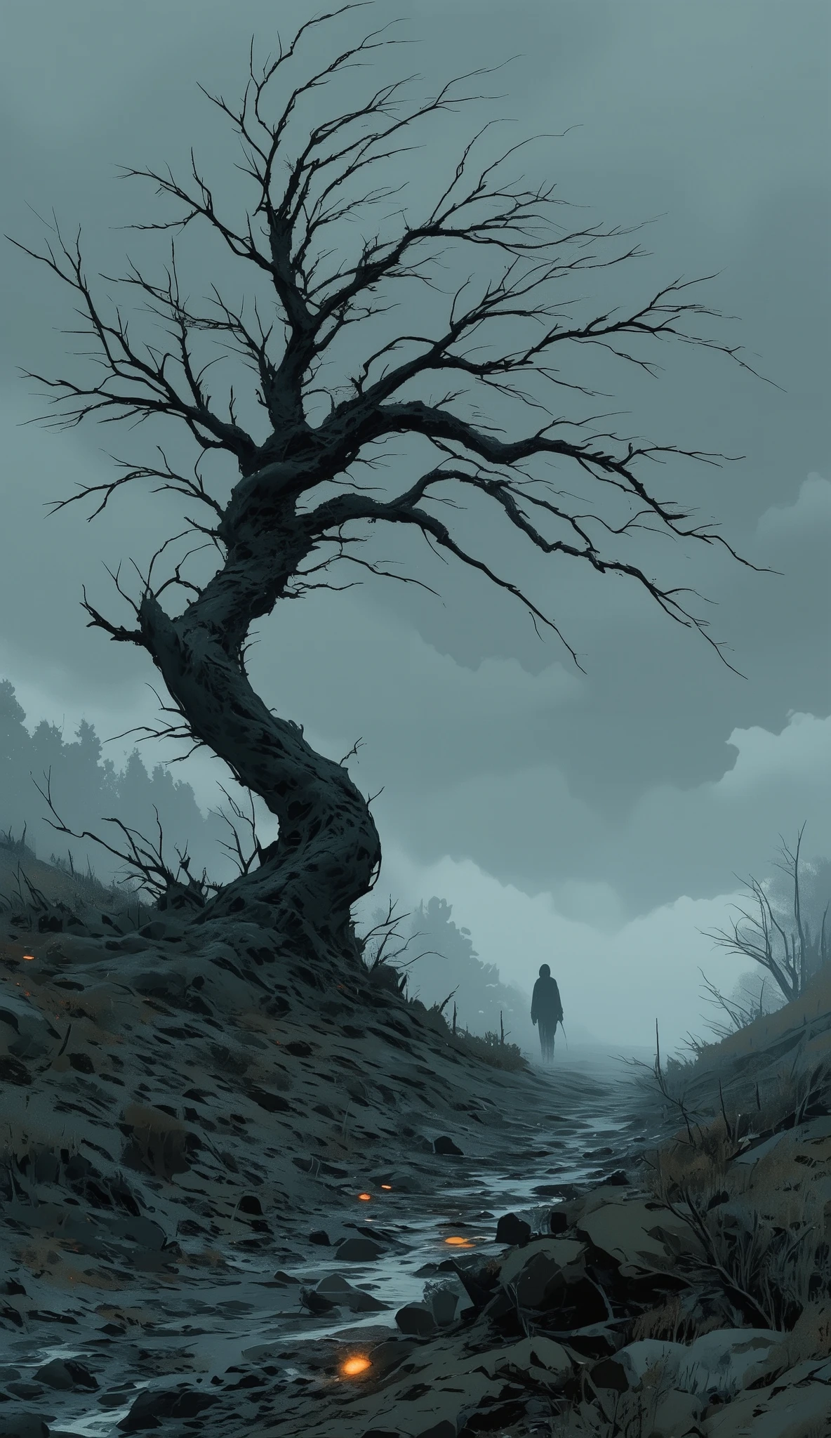 The image depicts a solitary tree standing in a foggy, rocky landscape. The tree has a twisted trunk and sparse, leafless branches that appear to be caught in a strong wind. The surrounding area is covered with rocks and uneven terrain, and the fog obscures the background, creating a mysterious and eerie atmosphere. The overall color palette is dark, with shades of gray and black dominating the scene.