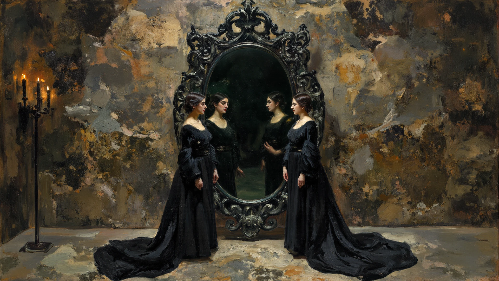 (surrealsteampunkai)++, a woman looking at a mirror