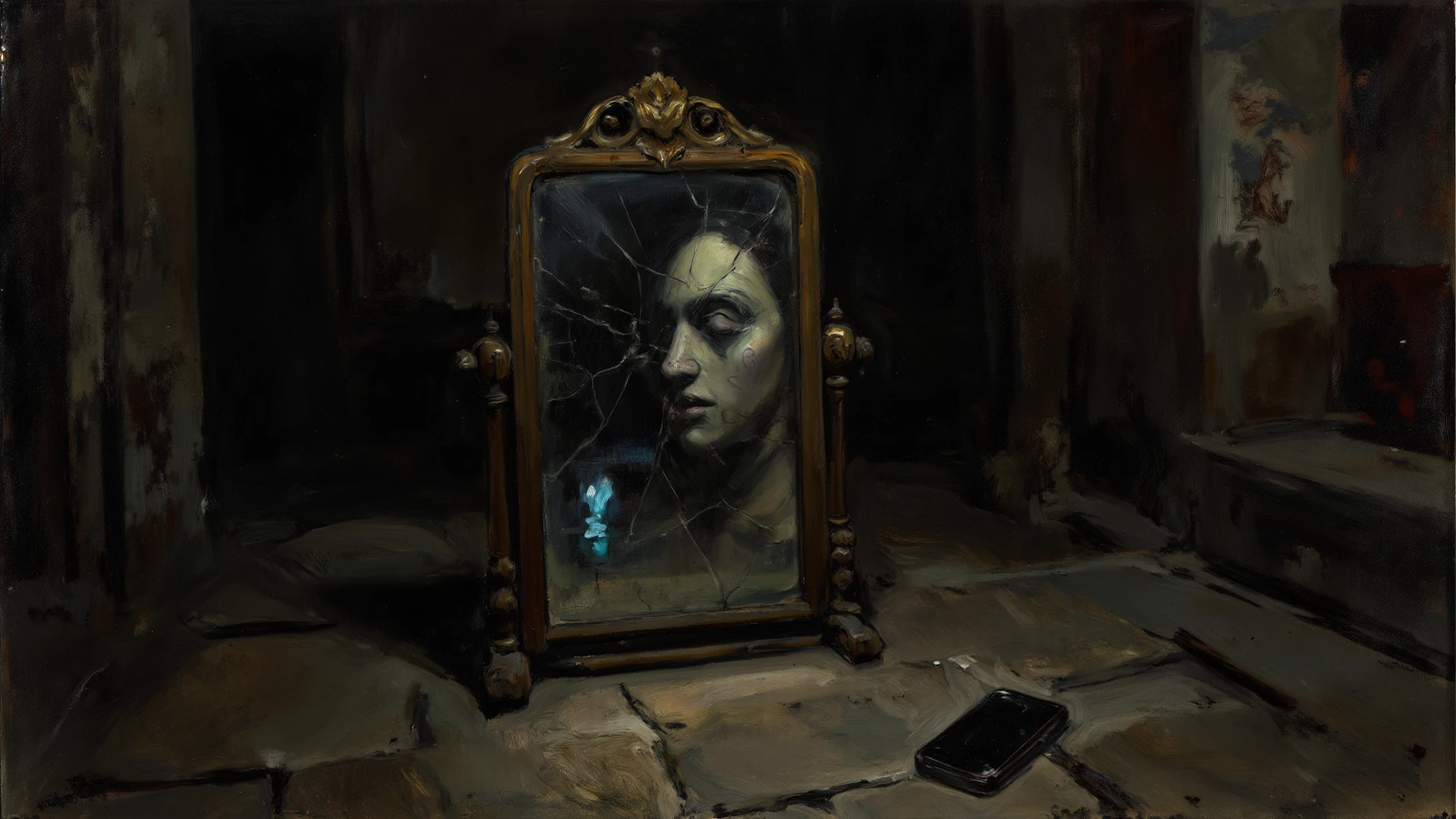 James Gurney, Surrealist art , dream-like, mysterious, Provocative, symbolic, Complex, detailed,, (Gothic but very beautiful:1.4), (masterpiece, Highest quality:1.4) , Nicola Samori Style, Beautiful naked goddess selfie
