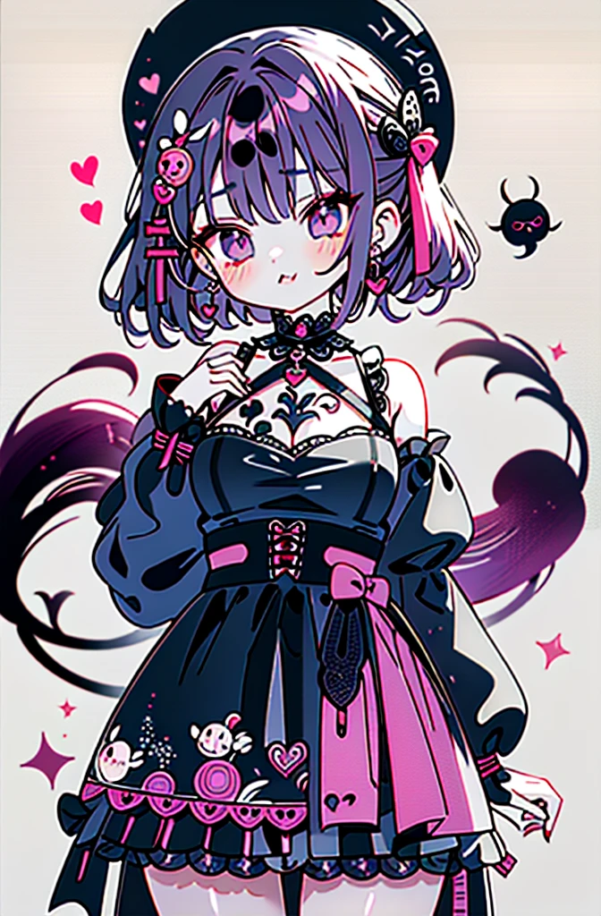 woman 170 cm tall, medium chest, wide hip, slim build, charming look, ((whole body)), (((character design sheet: front view))), (dark blonde hair, ((hip length wavy hair, asymmetrical bangs, star hairpin)), (She has a short braid tied with an elegant purple ribbon on the left side of her hair above her chest), (She has a short braid tied with an elegant purple ribbon on the right side of her hair above her chest), She has small hair bows in the back of her hair), ((Gray eyes with a pink 4-pointed star in the pupil)), (Two black and purple fox ears located on the top of the head), (Luminous black horizontal halo with purple star patterns above head), He has a black collar with a heart emblem on his neck., (Elegant long one piece dress, Thigh-length lace and ruffle skirt, large bow at the back of the hip, ribbon decorations and star patterns on the dress), black ruffled gloves, Black platform heels, gray belt at the waist with a large ribbon with a luminous pink heart in the middle, ((It has a thin succubus tail that ends in the shape of a heart)), (((It has complex mechanical legs that reach up to the thighs and are black with small purple and red details.))), extremely detailed beautiful hair, beautiful detailed dress, extremely detailed arms, extremely detailed face, Extremely detailed hands, perfect hands, small face, Beautiful detailed eyes, beautiful detailed lips, adorable, extremely detailed legs, (Best Quality, 4k, high resolution), ultra detailed, Exquisite and epic character art, ((White background)), (Focus on symmetry), (Chibi).