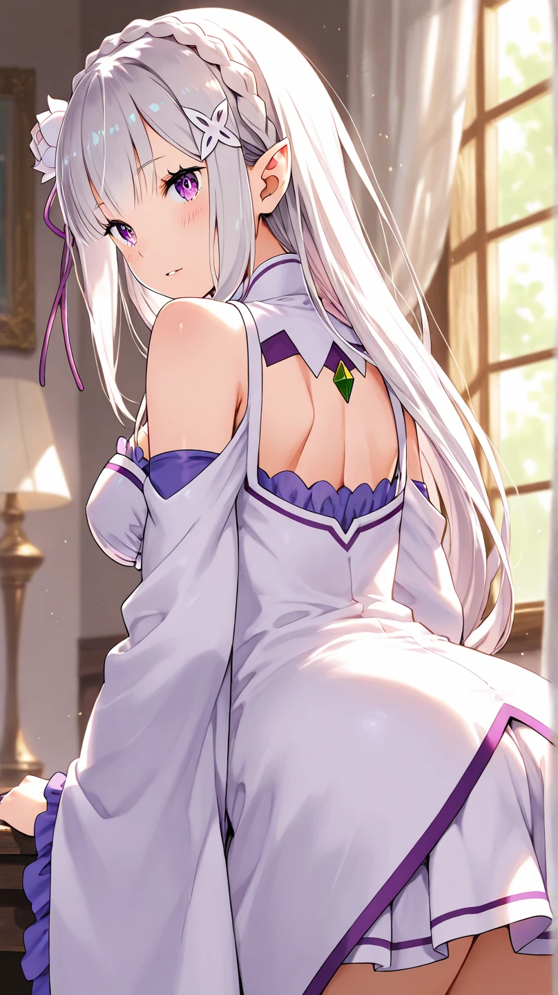 Emilia re:zero, Purple eyes, Emilia, Crown Blade, X Hair Ornament, Flower Hair Ornaments, white hair, Long Hair, Medium chest, panties, (white)