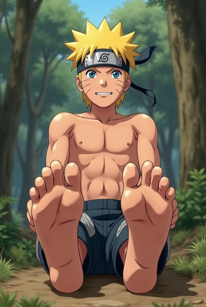 Imagen animada mostrando estilo realista con calidad HD de Naruto Uzumaki adolescente de anime descalzo mostrando la planta de sus pies cerca de la cámara
Sentado en el pasto sonriendo sin camisa
Mostrando six pack
2 pies
5 dedos por pie 👣
Mostrando detalles de textura suave
Mostrando iluminación en sus pies
Mostrando pies perfectos
Animación anatómicamente correcta
