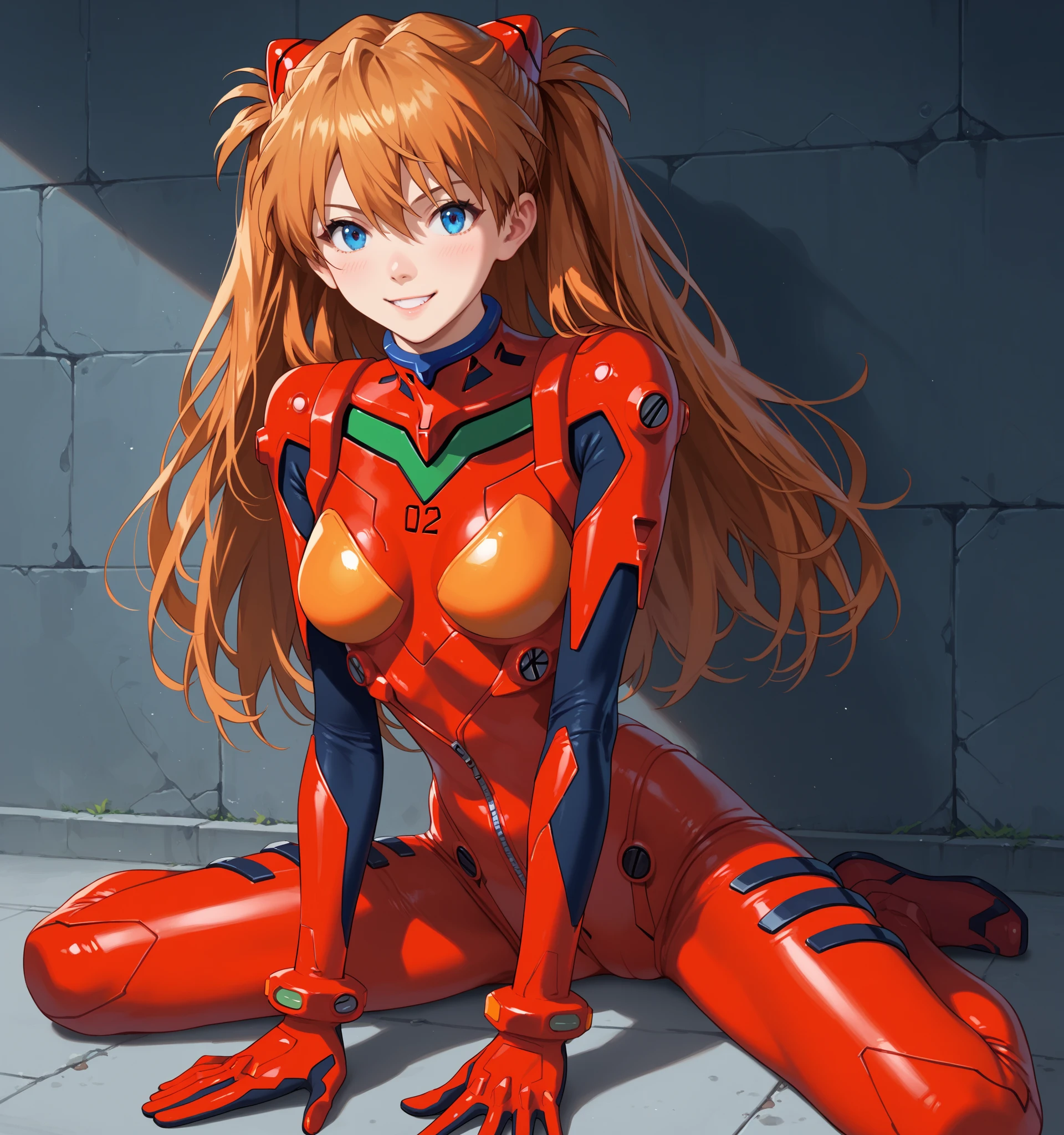 ((Asuka Langley Sohryu)), ((extremely detailed 8k illustration)), high resolution, (extremely detailed and hermoso background), pintura ultra detallada, professional illustration, Ultra-precise representation, Ultra-detailed rendering, (hermoso and aesthetic:1.2), hdr, (profundidad de campo:1.4), vistoso, vivid, hermoso detailed glow light particles, intrincado:1.4, buenas manos, manos perfectas, (mujer), Detalles de la cara:1.2, cara bonita, (Blue eyes), Hermoso rostro, ojos bonitos, ojos brillantes, labios delgados, pale and sharp eyebrows, long eyelashes, Long lower lashes, double eyelids, ((Asuka de Evangelion)), ((traje eva 02 de latex rojo con fuerte brillo metalico y superficie lisa)), highly detailed hermoso face and eyes, ((sonrisa, mirando lascivamente)), mirar al espectador, evento, (exquisite lighting and shadow), dynamic angle, DSLR, Sharp focus: 1.0, Maximum clarity and sharpness