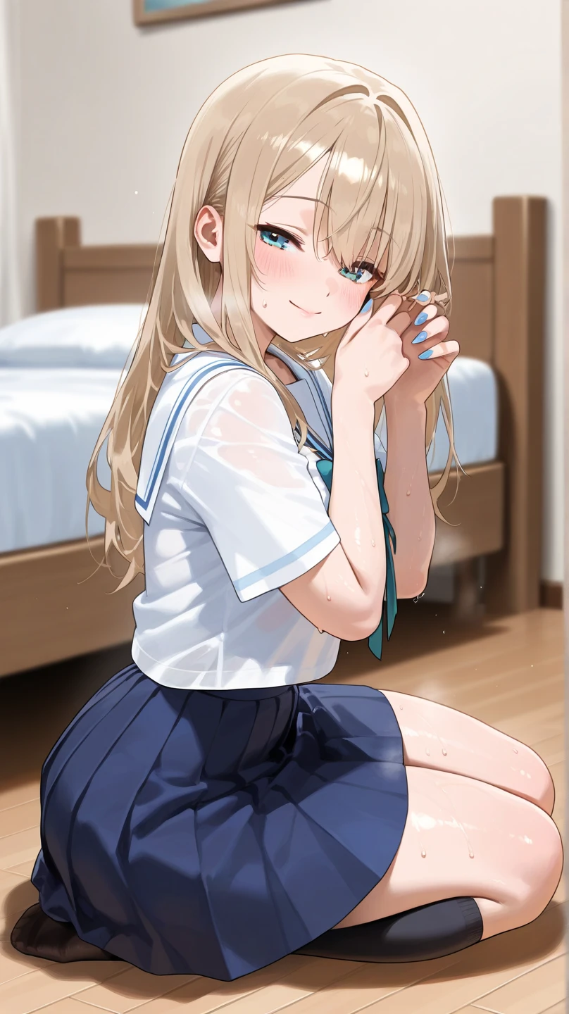 1girl in、A smile、The shirt、skirt by the、（small tits）Chilarism、Japan High School Student Uniform、serafuku、summer clothing、（Sheer Bra）、Upper body portrait、blonde  hair、s asleep、Sleeping in large letters、