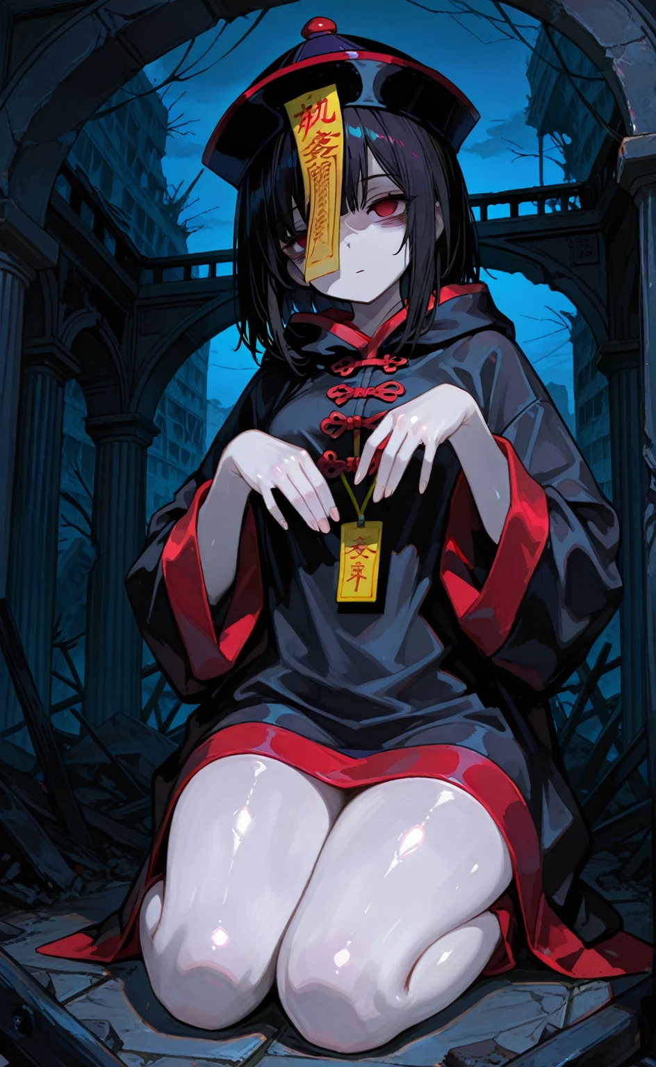 The girl wears a black tight rubber suit to cover her face，，Chained to a dungeon，The ankle is chained，The mouth is plugged with a strip of cloth，The face is covered with a silk scarf，Only one pair of eyes is exposed