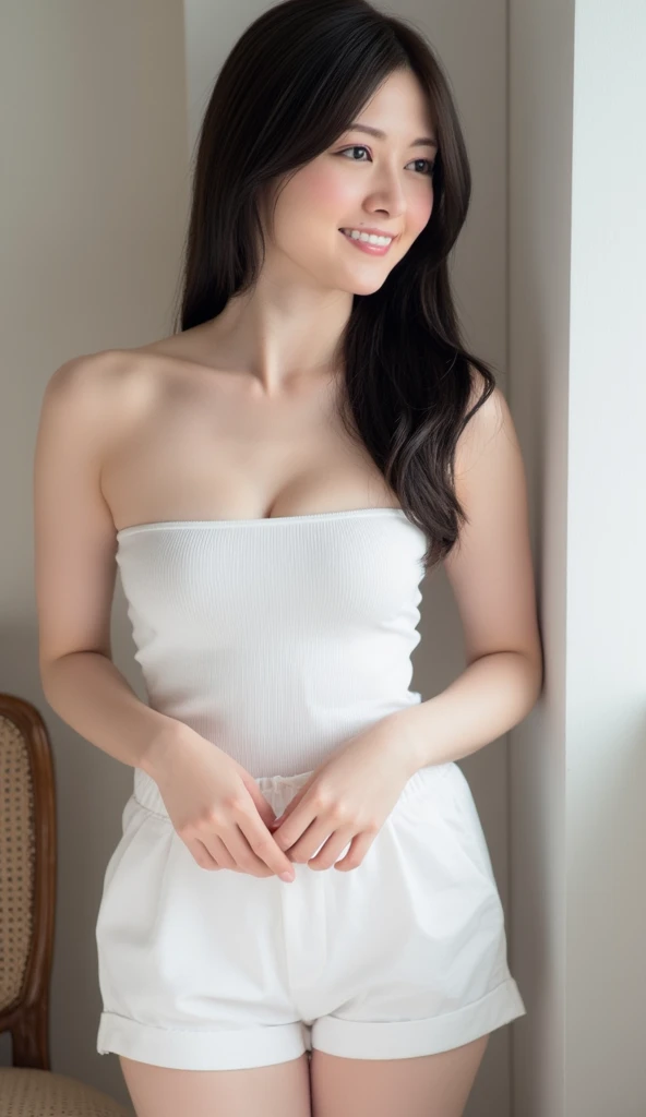 beautiful girl Smiling Covering the chest with the palms I can see her cleavage Mouth half open It is surrounded by many flowers