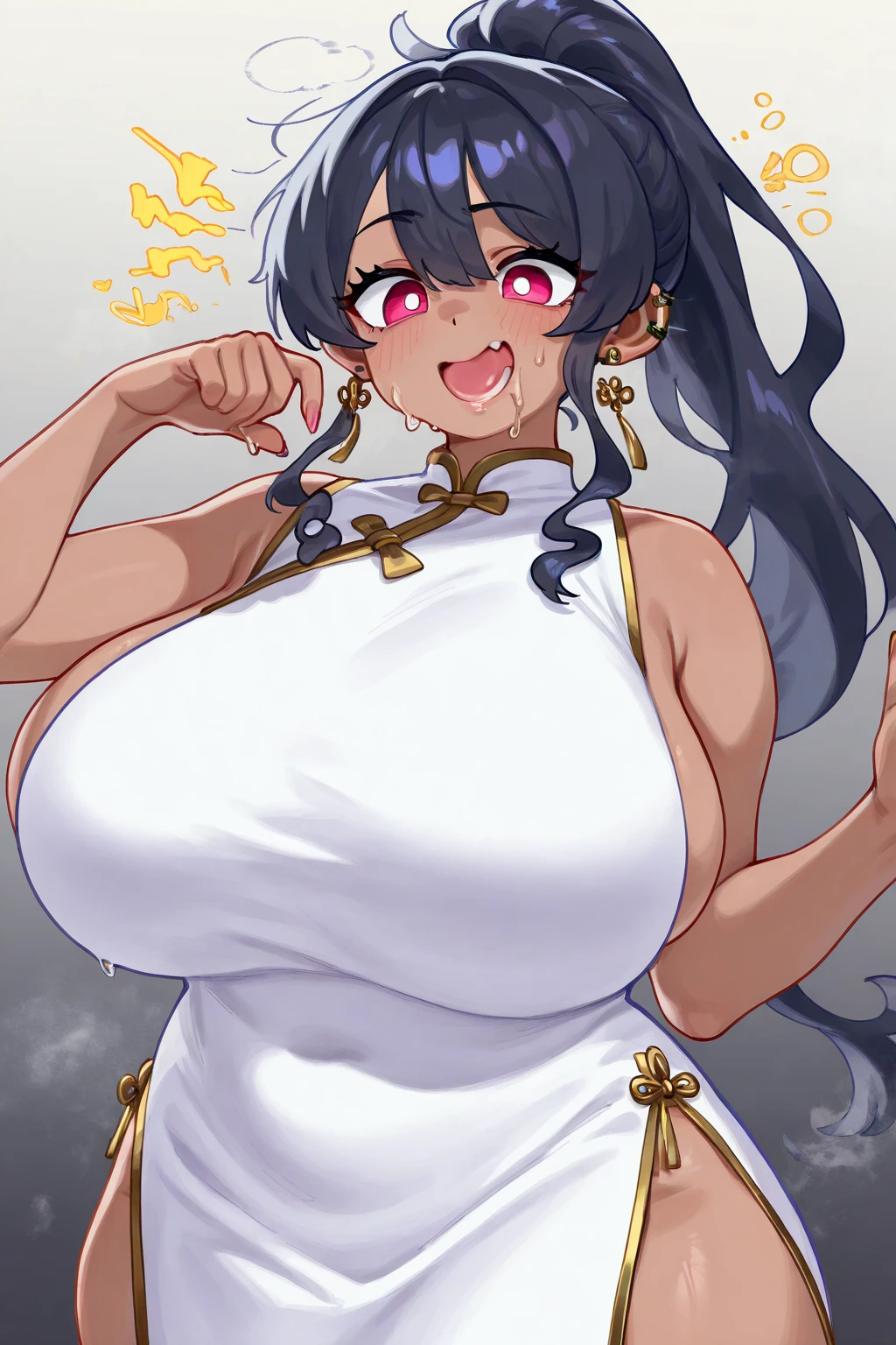 1 woman, mature, High (1.85 cm), looks about 35 years old, have long black hair, straight and shiny, charming fox eyes, majestic black eyes, extremely detailed eyes, perfect eyes, extremely realistic eyes, balanced eyes, long eyelashes, anime style, perfect face, milf face, full red lips, mature, smooth white skin, natural body, sexy body, milf body, perfect hands, detailed hands, arms in proportion to the body, real hands, arm with good anatomy, She was only wearing a loose yellow robe that covered her entire body in a Chinese style decorated with gold and silver with phoenix motifs woven into the robe but still could not hide her extremely large and gigantic breasts. (cup L), very big breasts, stimulate breasts three times larger than her face, Her breasts did not sag as their size remained erect on her body., Leggy, thick thighs, wide hips, wear black socks, full body drawing, have full arms and legs, look at the viewer, The background is a Chinese-style pavilion., pose alone, look at the viewer.