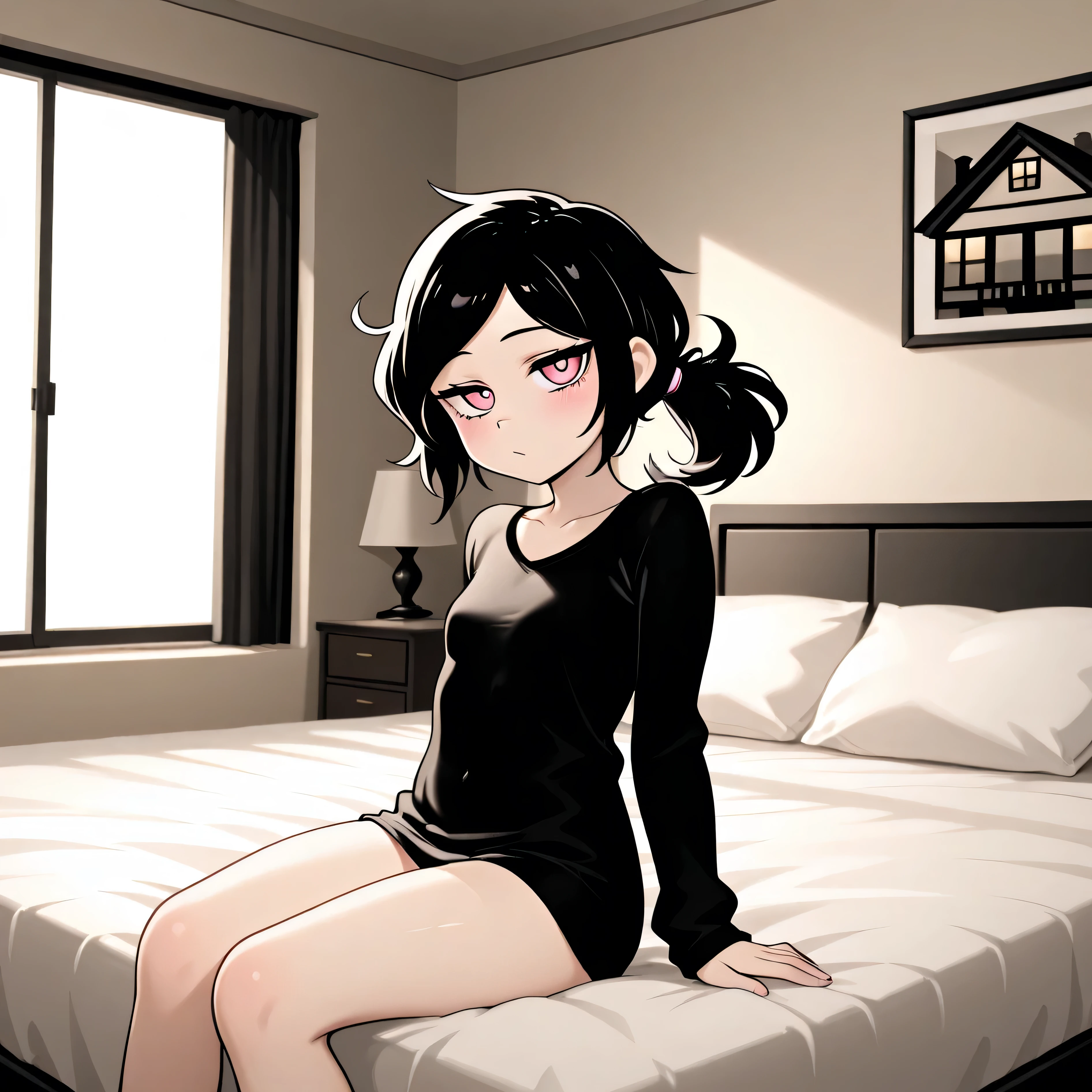 masterpiece, best quality, amazing quality, in house, on bed, 1girl, solo, Ashley, pink eyes, black hair, Ponytail, straight hair, sitting, looking at viewer,