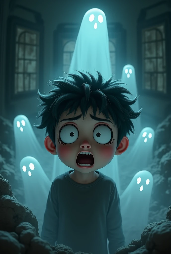 Black-haired boy realizes that there is a ghost behind him and gets scared and screams 
