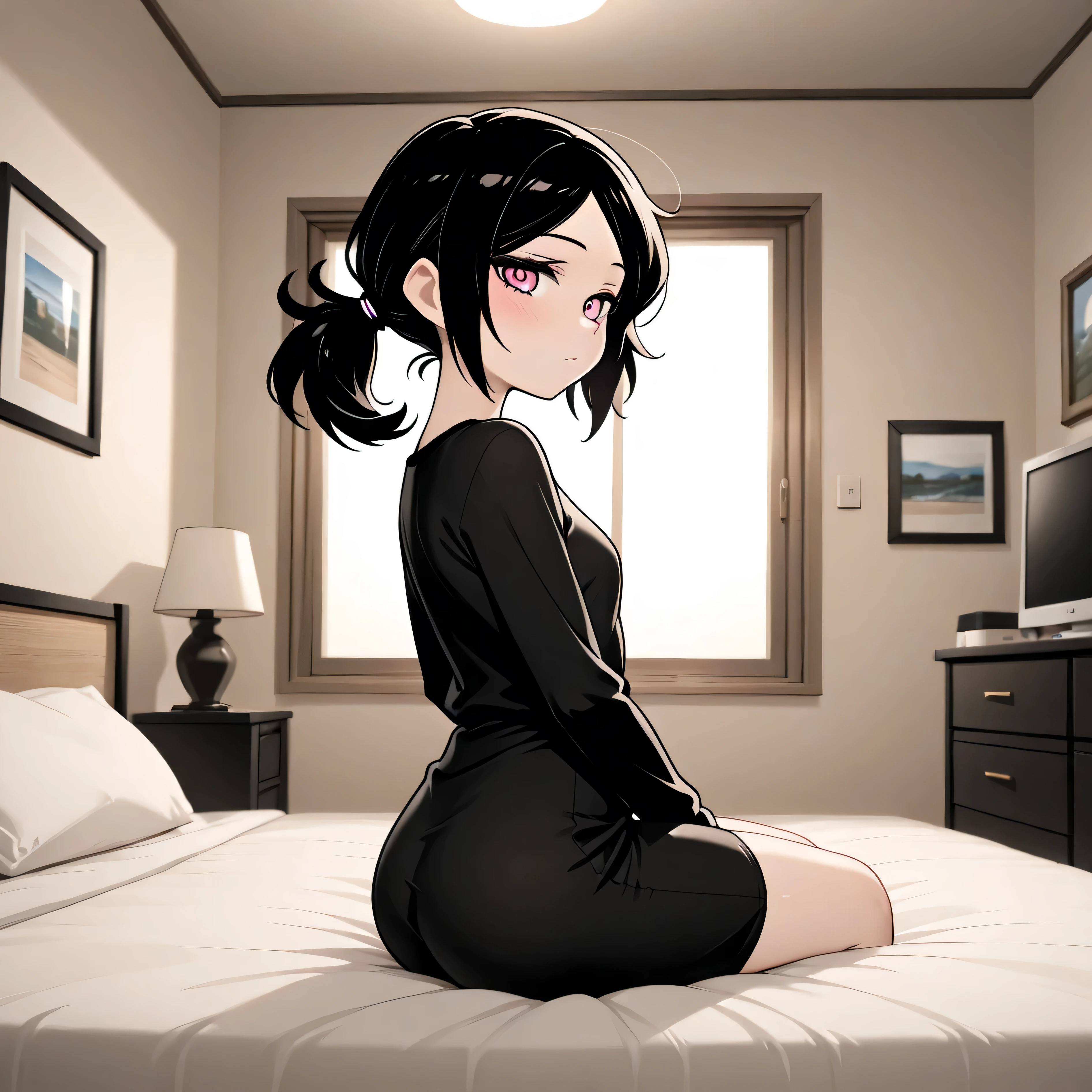 masterpiece, best quality, amazing quality, in house, on bed, 1girl, solo, Ashley, pink eyes, black hair, Ponytail, straight hair, sitting, looking at viewer,