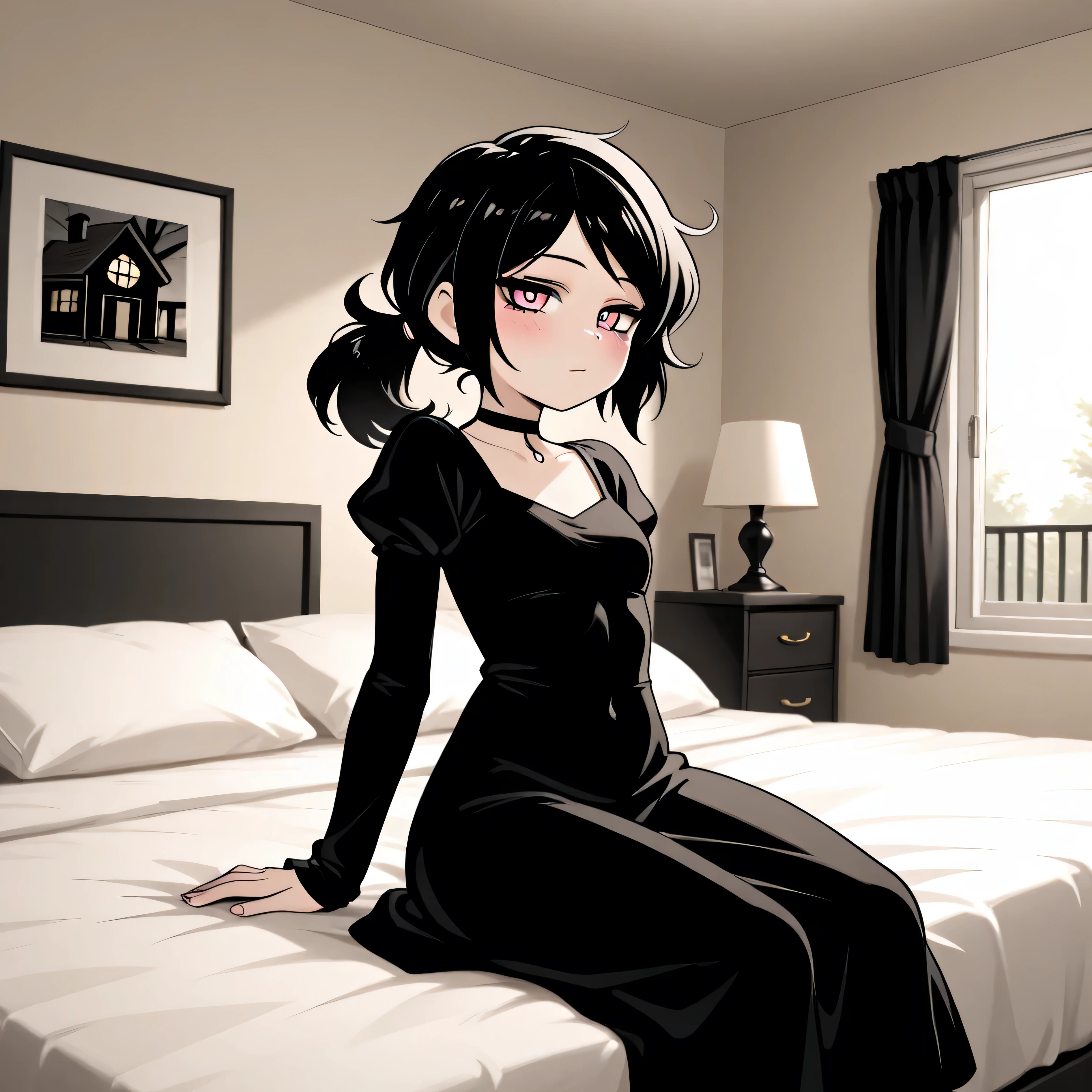masterpiece, best quality, amazing quality, in house, on bed, 1girl, solo, Ashley, pink eyes, black hair, gothic aesthetic, Ponytail, straight hair, sitting, looking at viewer,