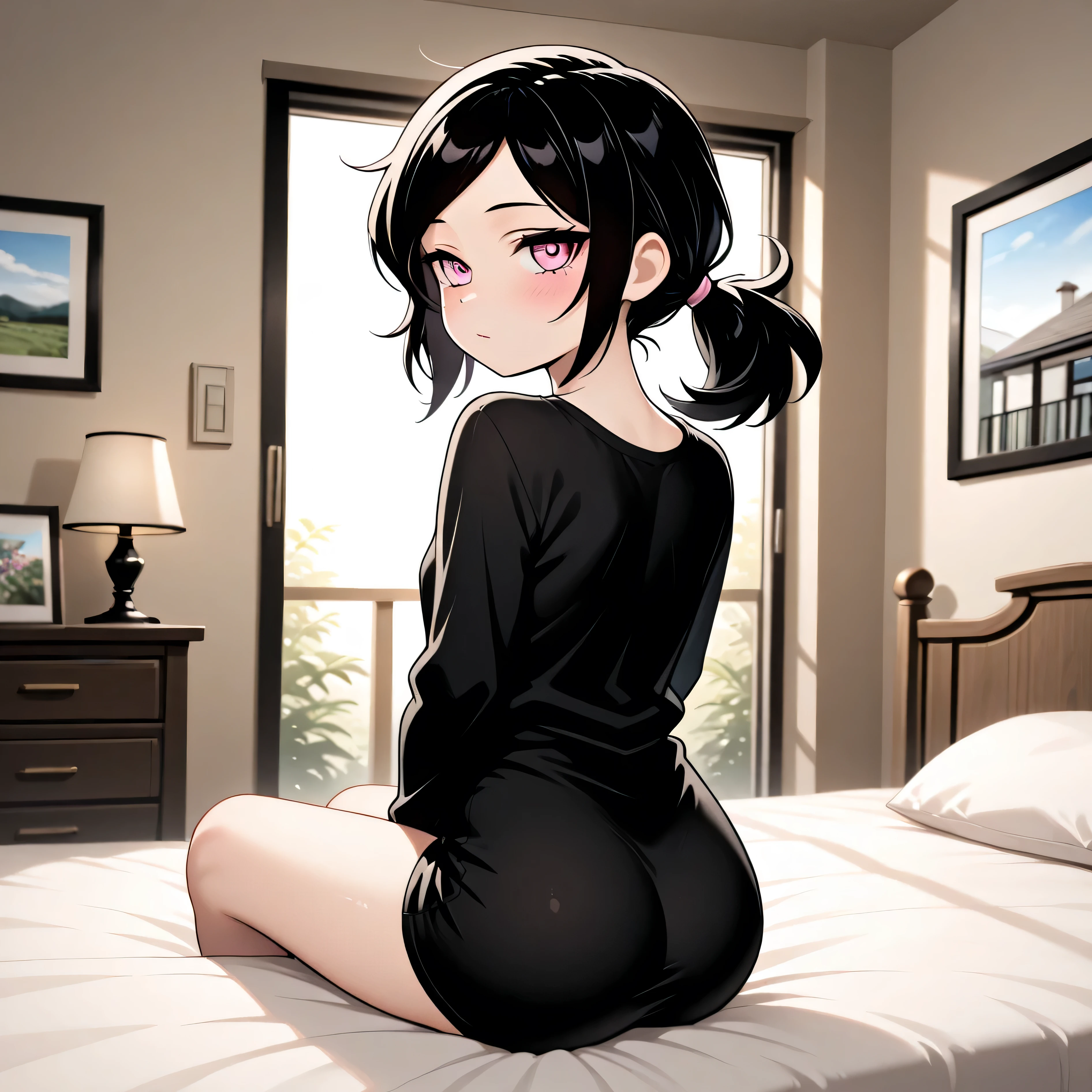 Adulta, Cabello ????? ondulado, mirada penetrante con ojos profundos de color rojo, estatura promedio, Silky hair with a ponytail hairstyle collected with a red bow with two white lines, tiene pechos grandes, primer plano, Session, standing in the middle of his room [[[[pervertida]]] , Sonrojada, transparent lingerie, NSFW, showing my ass to the camera 