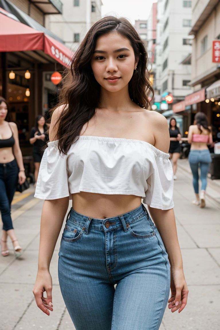 [[((young attractive Asian woman:1.5)), ((Sophie Tan:1.4)), standing in a vibrant street market, with her back to the camera. She is wearing ((low-rise denim shorts and a fitted tank top:1.2)). Her hair is styled in a high ponytail, and she has a seductive, intense gaze over her shoulder. The background features market stalls, colorful umbrellas, and street vendors. The scene is captured with a ((high-resolution mirrorless camera:1.2)) using a ((35mm prime lens:1.2)) for a balanced perspective. Post-production enhances the vibrant colors and adds a ((soft bokeh effect:1.1)) to the background. The image should be in ((8K resolution:1.1)) with ((hyper-realistic detail:1.3)). The backdrop highlights the vibrant street market with detailed textures of stalls and umbrellas. The focus is on the woman's denim shorts and seductive, intense gaze. Bright market lighting is used with slight enhancements to create a lively and energetic atmosphere, with a ((soft bokeh effect:1.1)) on the background, enhanced vibrancy, and high contrast to make the scene pop. She is standing with one hand on her hip, looking seductively over her shoulder, exuding confidence and allure, embodying Y2K hip hop chic.]]