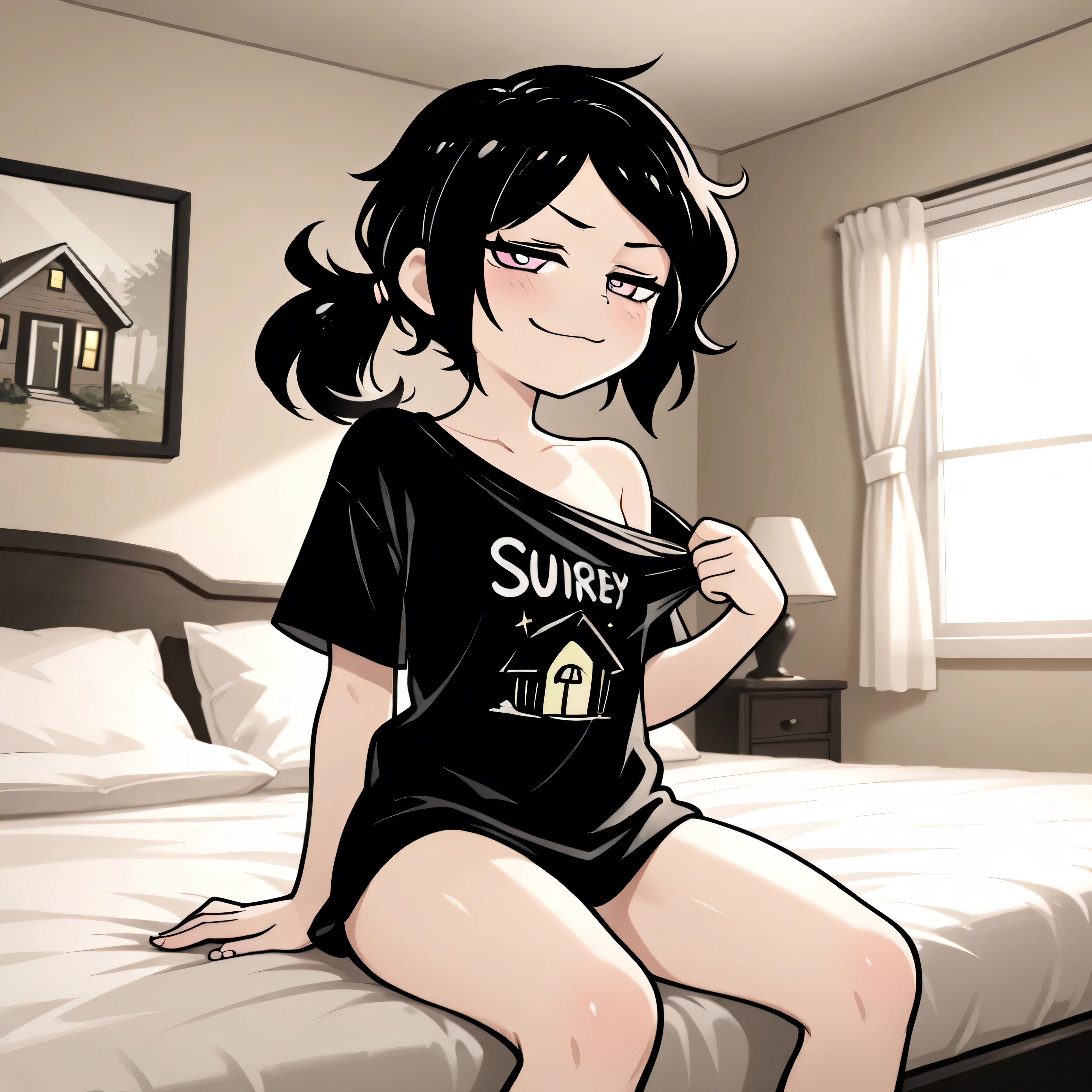 masterpiece, best quality, amazing quality, in house, on bed, 1girl, solo, Ashley, pink eyes, black hair, Ponytail, straight hair, sitting, looking at viewer, smug, taking shirt off,