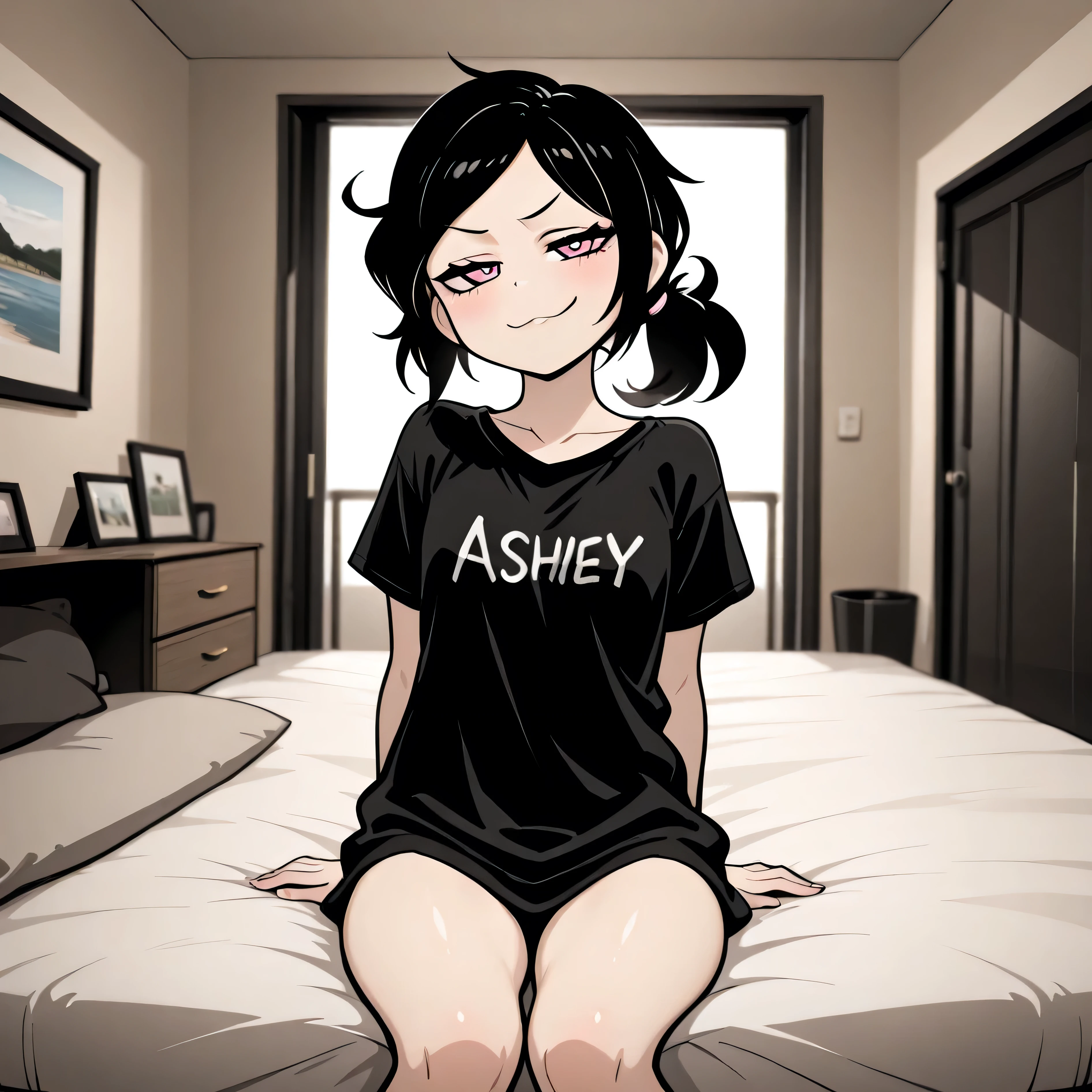 masterpiece, best quality, amazing quality, in house, on bed, 1girl, solo, Ashley, pink eyes, black hair, Ponytail, straight hair, sitting, looking at viewer, smug, taking shirt off,