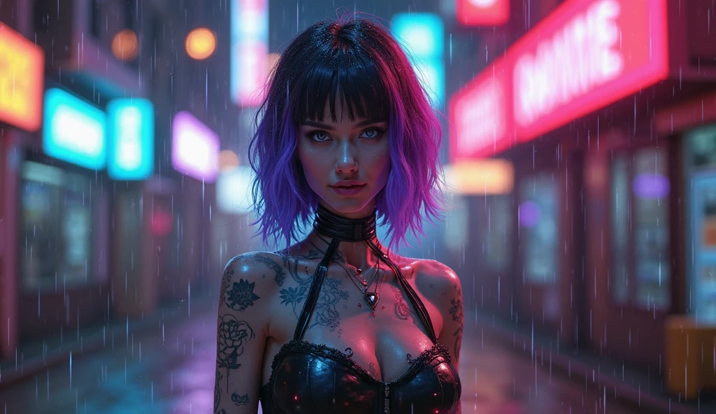 (Beautiful mature woman (Perfect Face)), (Milla Jovovich:0.3), Wicked Smile, Pale skin, (Skin Texture:1.1), (High Detail Sexy Cyberpunk Clothing), (Eye for detail:1.2), (variegated hair), (Random short hairstyles), Healthy athletic body, Cyberpunk city at night, it's raining, (masterpiece), (Realistic:1.4), RAW Photos, Highest quality, High resolution, Rich colors, Backlight, Cinema Lighting, Film Grain, RAW Photos, 50mm lens, Nikon D850, Warm colors