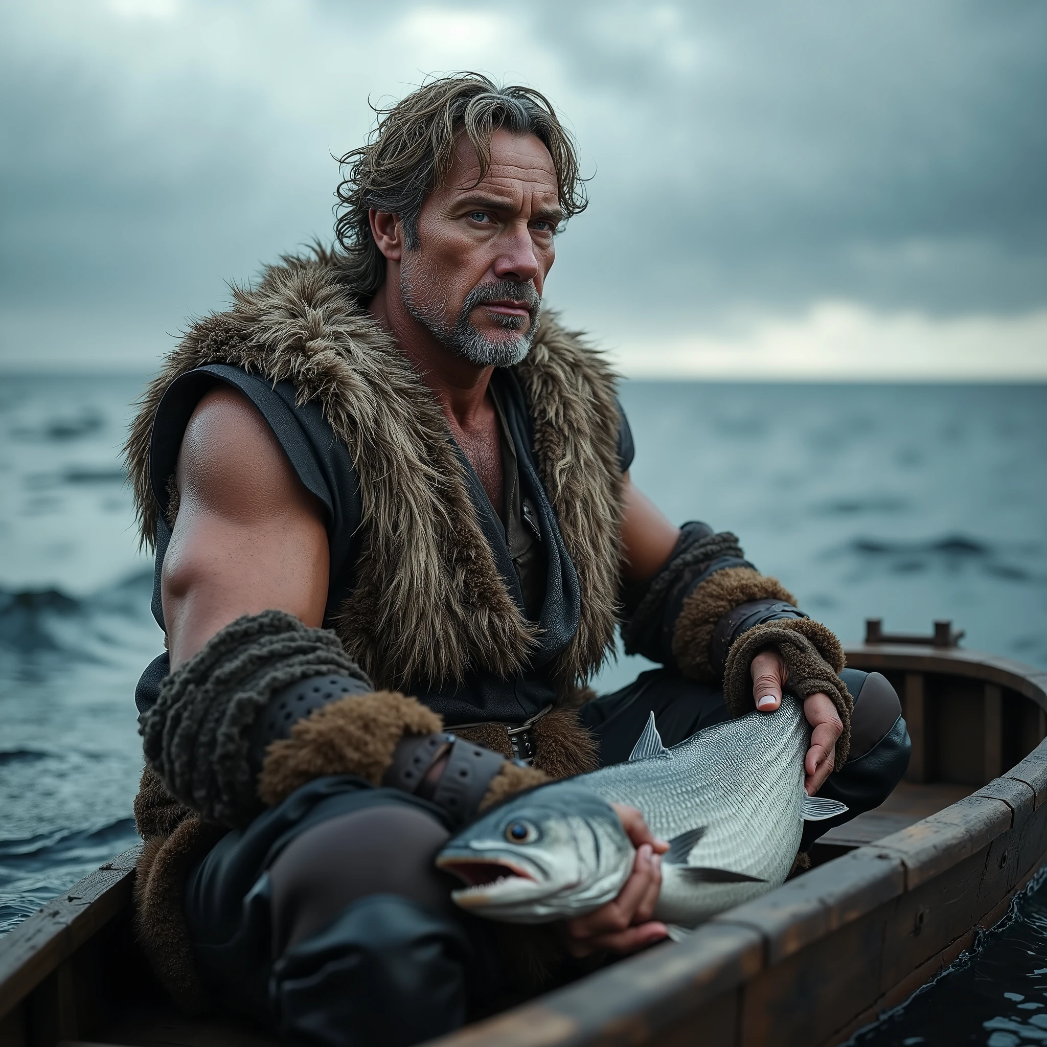 nordic medieval simple man, 45 years old, winter medieval clothing, fur coat, muscular body, curly blondie grey hair, sitting on a wooden boat holding a big fish, detailed figure portrait, realistic, photorealistic, high quality, 8K, HDR, ultra-detailed, physically-based rendering,dramatic lighting,dramatic ocean scenery,realistic wooden boat,realistic water waves,realistic fish,moody atmosphere,muted color palette,brooding skies,dramatic lighting
