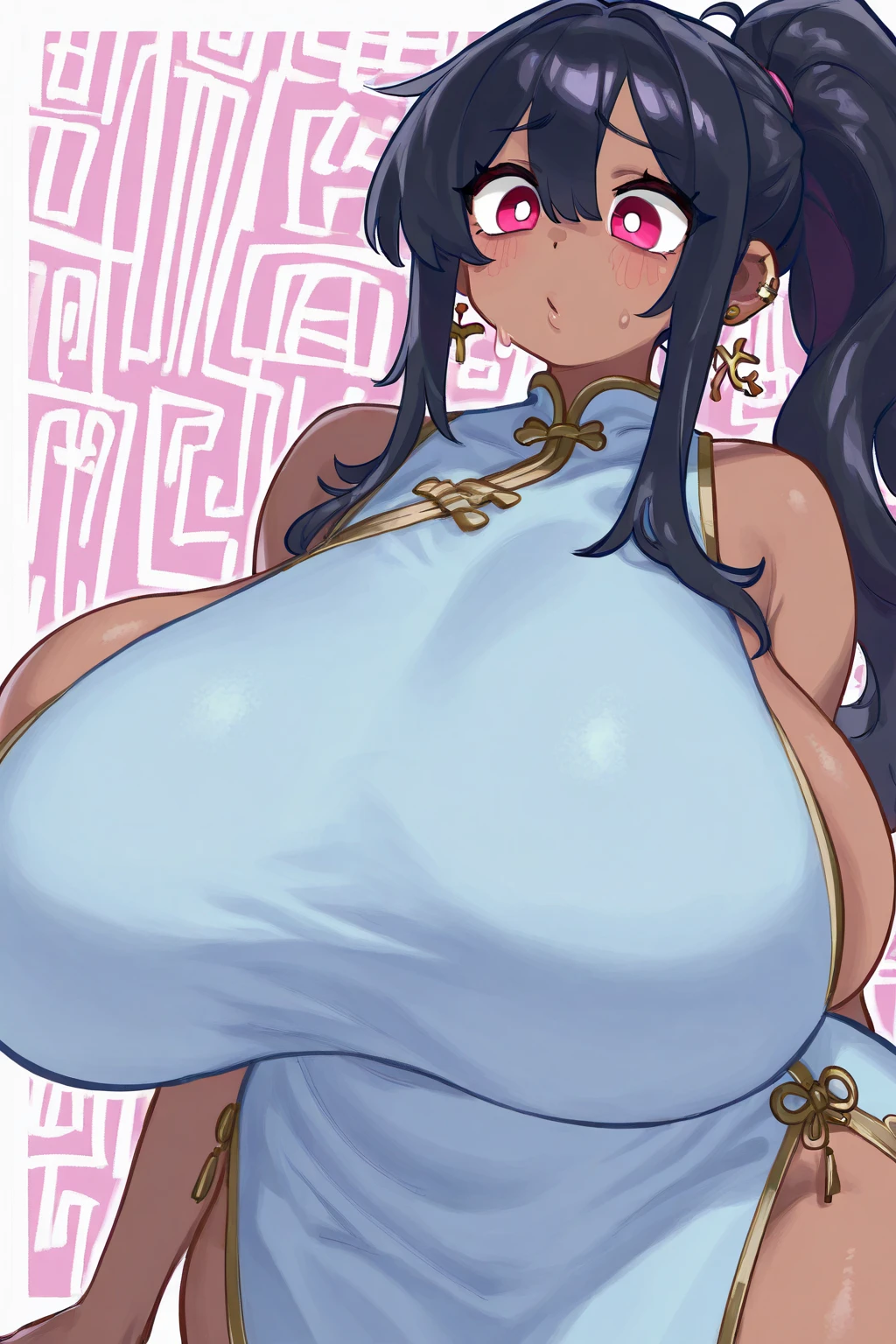 (best quality,4k,8k,highres,masterpiece:1.2), ultra-detailed, UHD, studio lighting, ultra-fine painting,sharp focus, physically-based rendering, extreme detail description, professional, vivid colors, bokeh, sexy woman, mature, milf, huge breasts, large breasts, curvy, voluptuous, black hair (straight bangs), red eyes, long hair, pasties, bikini armor, earrings, sweating, shiny skin, smile, standing, solo focus, castle, indoors