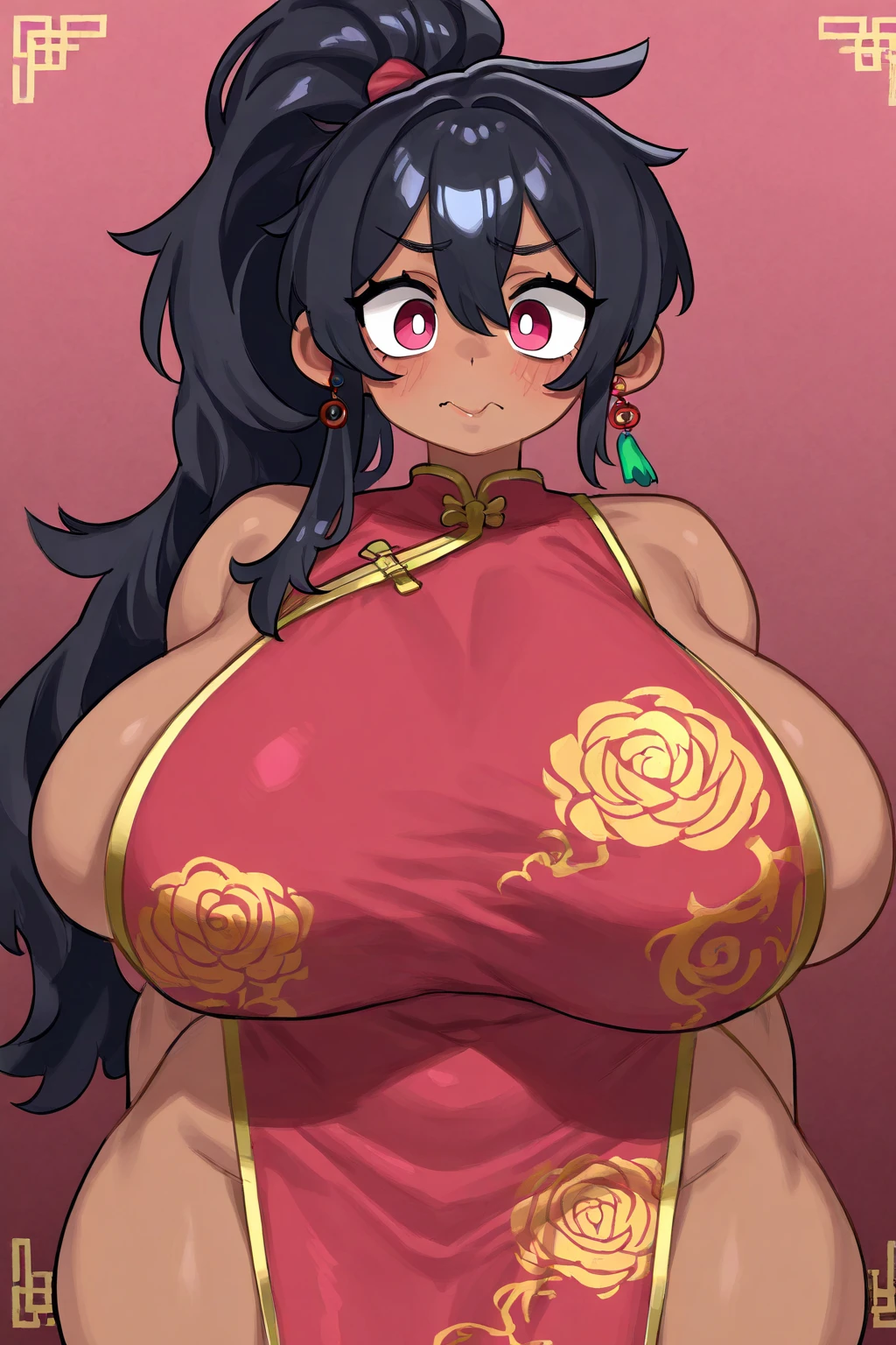 masterpiece, best quality, komi, looking at viewer, large breasts, upper body, portrait, seductive smile, put your hands behind your head, armpits, armpits visible, sweaty armpits, wearing red chinese dress, breast cleavage