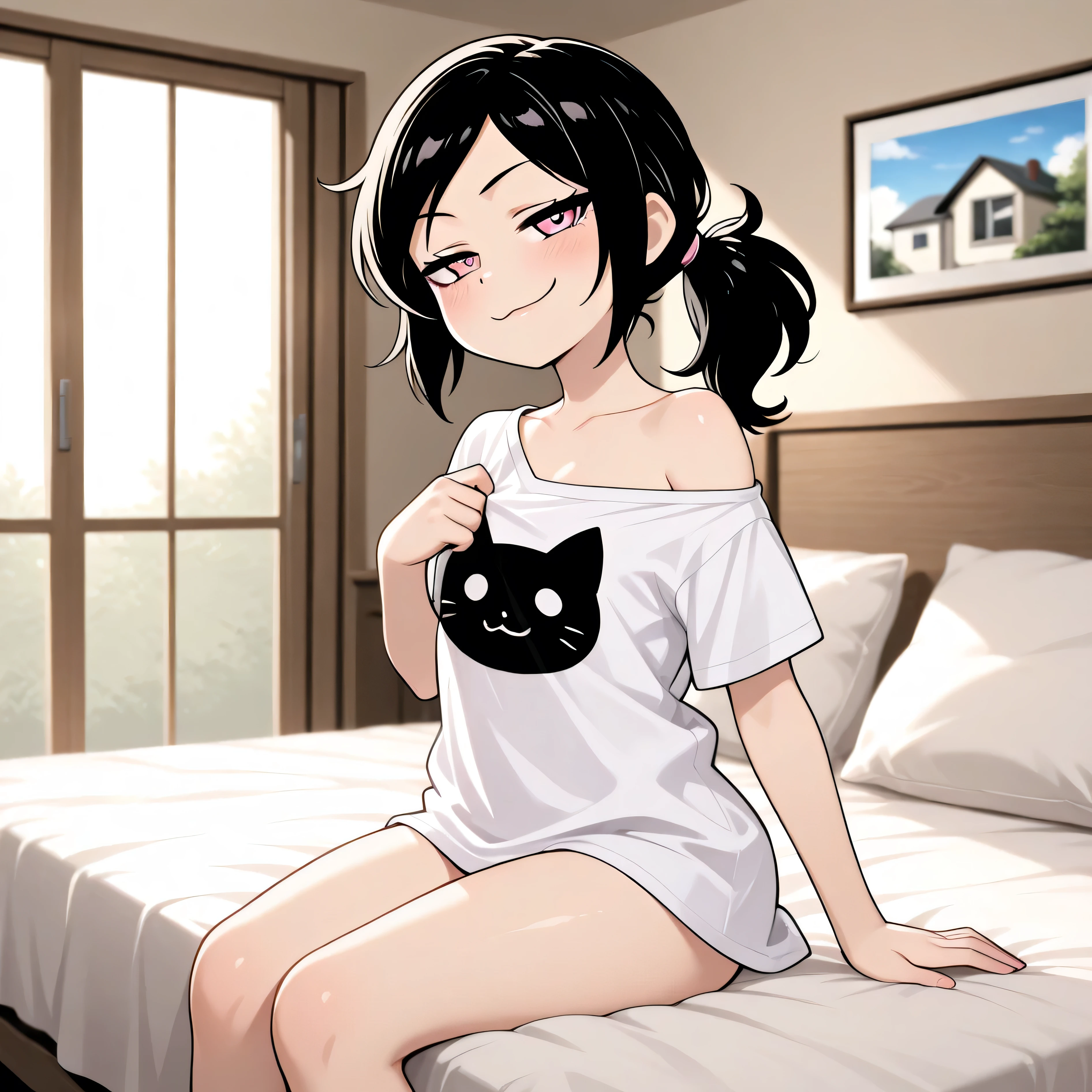 masterpiece, best quality, amazing quality, in house, on bed, 1girl, solo, Ashley, pink eyes, black hair, Ponytail, straight hair, sitting, looking at viewer, smug, taking shirt off,