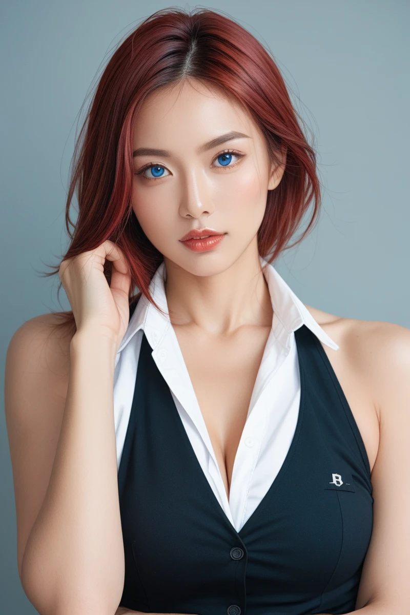 mature Woman,, blue eyes, Red Ponytail, short Black dress(Details with red, blue and white thread) ,sunglasses,,headband blue, 90's anime style