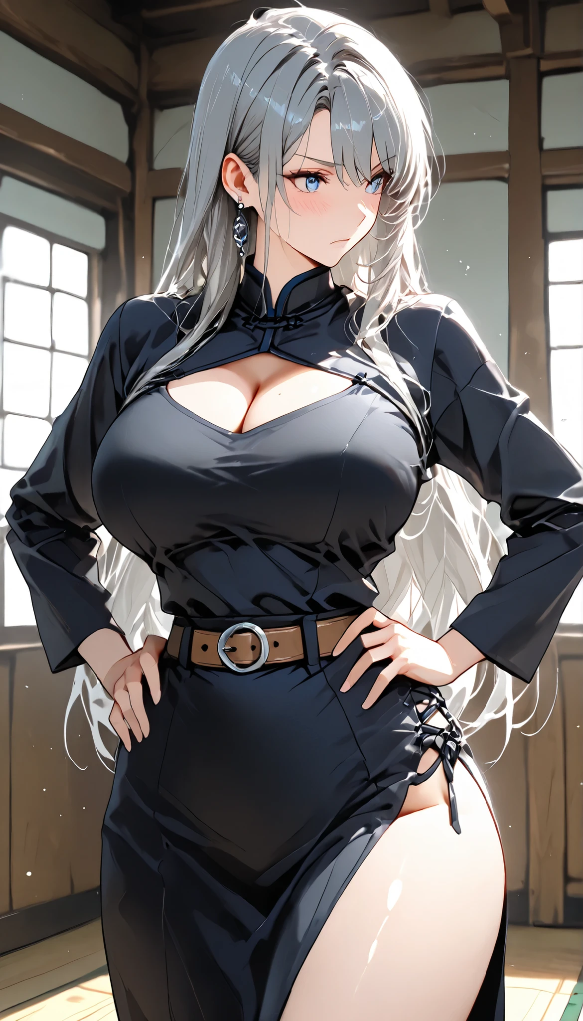 anime character, attractive female teacher ((completely straight hair)), long dark gray hair, with fringe framing her face, light blue eyes, expression of leadership, leadership look, perfect profiled face, intense look, cold expression , Wears a dark formal uniform or dress, Long fitted sleeves, with a prominent "breastplate" or dark or light gray bodice design on the chest, bare neckline, covered shoulders, bordered with light lines. about this, with open neck and raised. A light brown leather belt with a rectangular buckle encircles her waist, Functional and elegant style. traditional Japanese dojo background, visible cleavage, big breasts, curvy body, body of a mature woman, large hips , big thighs, big legs, breasts, Milf, Japanese-style dress with visible side thighs , visible blush, dark china dress , The woman is standing with her hands on her waist, visible agitation, sweat, visible blush, visible panting, vapor, sweat , sideview,