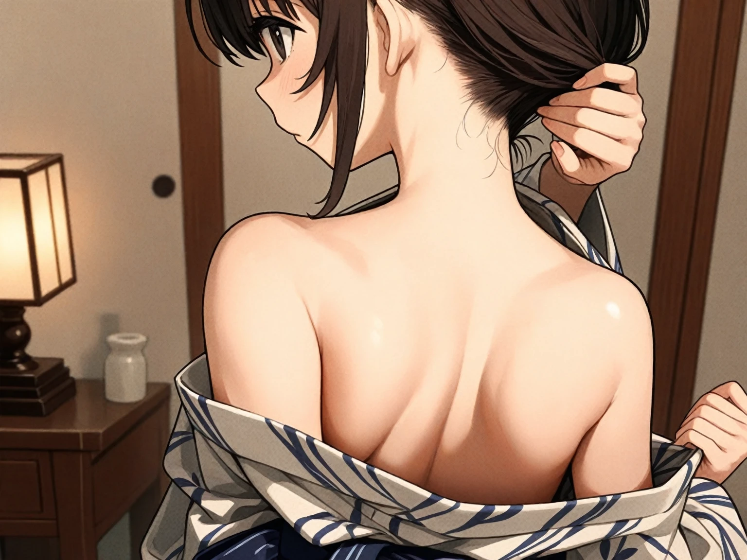 haruhiko_ichijou_mother,long hair,black hair,blue eyes,ponytail,nsfw, (masterpiece, best quality, unity 8k wallpaper, highres, absurdres, background), depth of field, perfect lighting, cinematic shadows, BREAK
(super_perfect_good anatomy head face fingers arms hands, slender:1.3, constricted waist:1.3), solo, BREAK
(super_beautiful_detailed 1milf saggy_gigantic_very_long_breasts black_long_hair ponytail blue_kind_eyes face nose open_mouth skin bra panties:1.2), haruhiko_ichijou_mother, BREAK
(scenery background super_amazing_match:1.2), temptation, In heat, ahegao, light smile, looking at viewer, Indoor, bed room, on bed, vulgarity, female masturbation