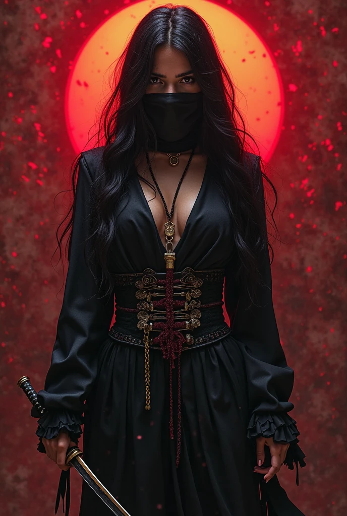 ((Best Quality)), ((Masterpiece)), (detailed), (whole body) samurai woman, beautiful , black dress with drawn skulls