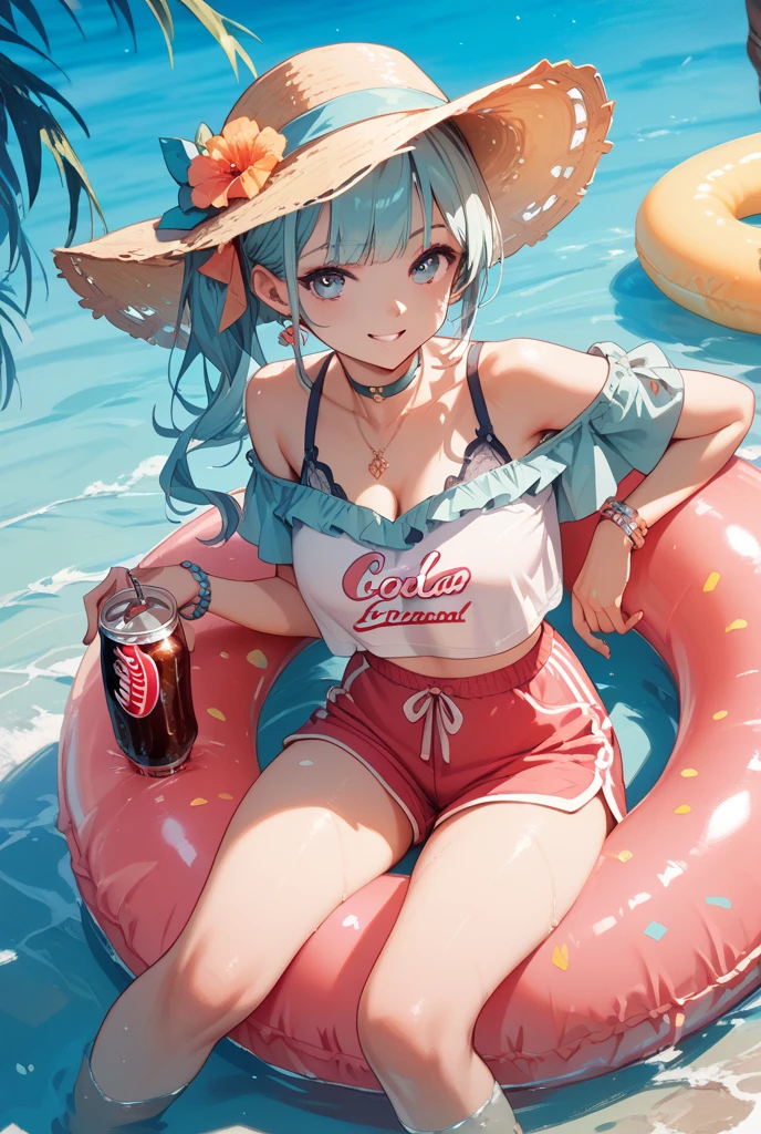 BREAK Perfect Anatomy、(High resolution:1.2)、Incredible illustrations、(Cute illustrations:1.2)、 (Beautiful background) 1 girl(Curly short cut, aqua hair)(Holder neck swimsuit, sunglasses)(Soak in the vinyl pool and drink canned beer in the garden(see through))