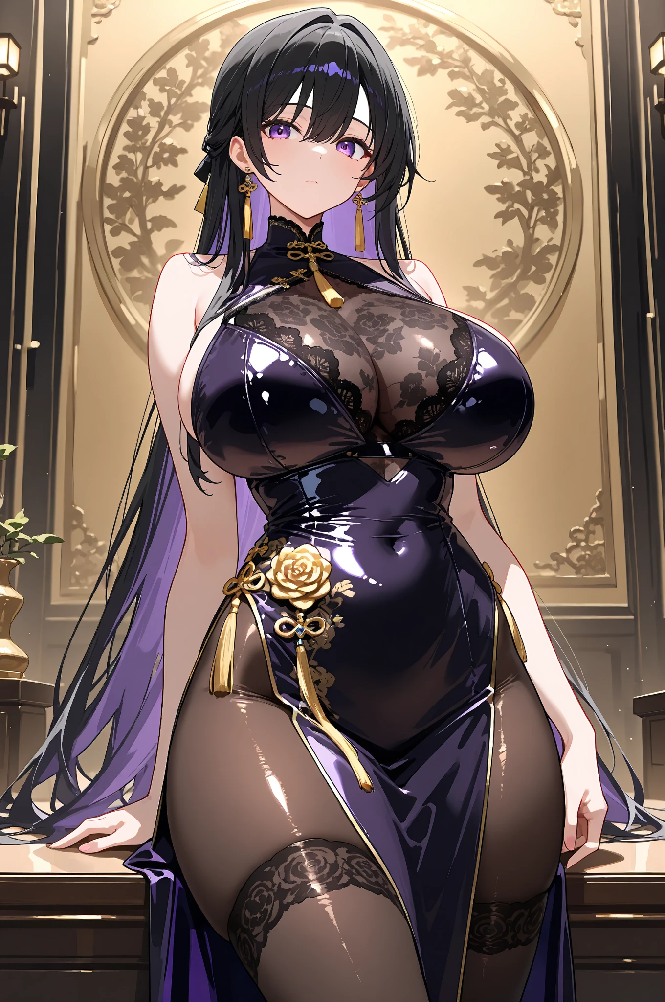 masterpiece, best quality, 1girl, <lora:spgbfDanua:1> danuahw, horns, horn ornament, bandages, naked bandage, cleavage, bandaged arm, black gloves, fingerless gloves, yellow bow, black thighhighs, bouquet, flower, full body, handbag