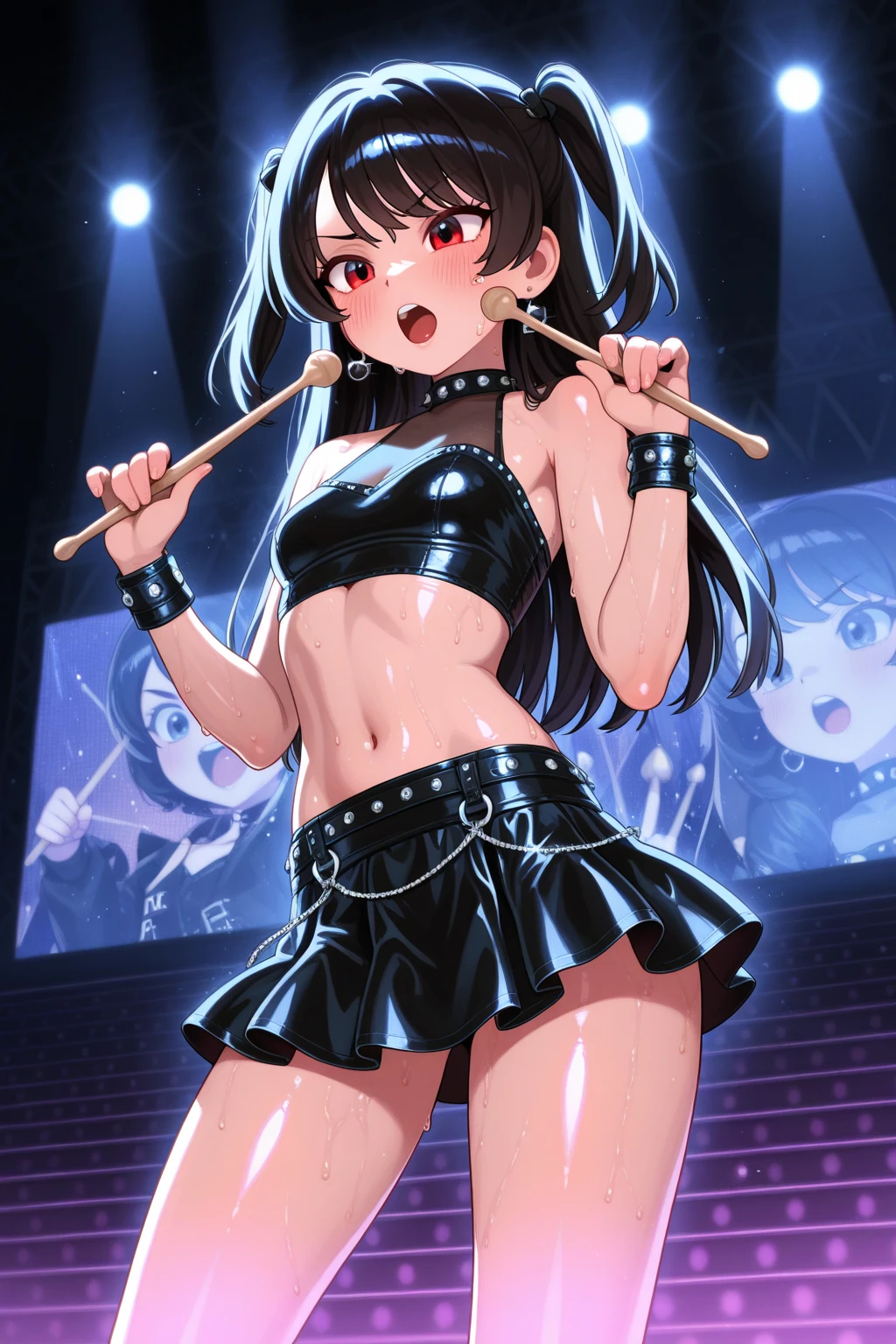 NSFW,(super fine illustration,8k cg wallpaper,highest quality,very detailed,ultra high resolution,best aesthetics,anime colored),(cowboy shot,From front),IdolMaster,((rin sibuya)), (16yo, beautiful girl), (beautiful dark green eyes),((((beautiful black hair)))) ((long straight hair)),(wet hair), (shiny hair), (beautiful pale orange skin),(shiny skin),(wet skin),((black idol dress)),(slender),(small breasts), ((pubic hair:1.3)),(bsp, pussy juice dripping,pussy, pussy slip,no makeup, sweaty body),(no bra),(no panty), ((open clothes)),((spread legs)),(((spread pussy:1.3))),((steam)),(scatter sweat),(one eye closed), (out tongue),(open mouths),(evil smile),(Nice touch),((turn your arms behind your back)),(Bukkake, cum on body:1.7),(Bukkake, cum on face:1.3),((Bukkake, cum in hair:1.3),(ecstasy),(((sex,Cowgirl))), (multiple penises, surrounded, multiple boys),((On the stage of the concert hall)), light particles, blurry background,(motion lines),